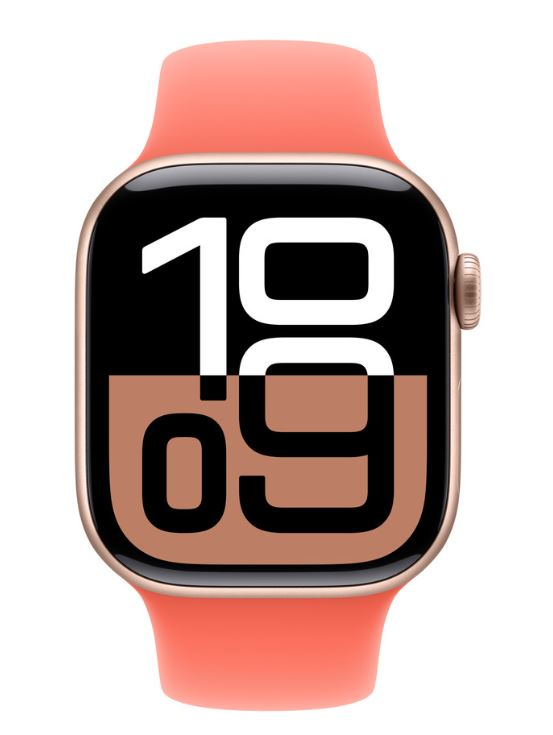 10:09 gösteren mercan renkli kayışlı Apple Watch. Saat altın kasaya ve siyah-kahverengi kadranına sahip.
