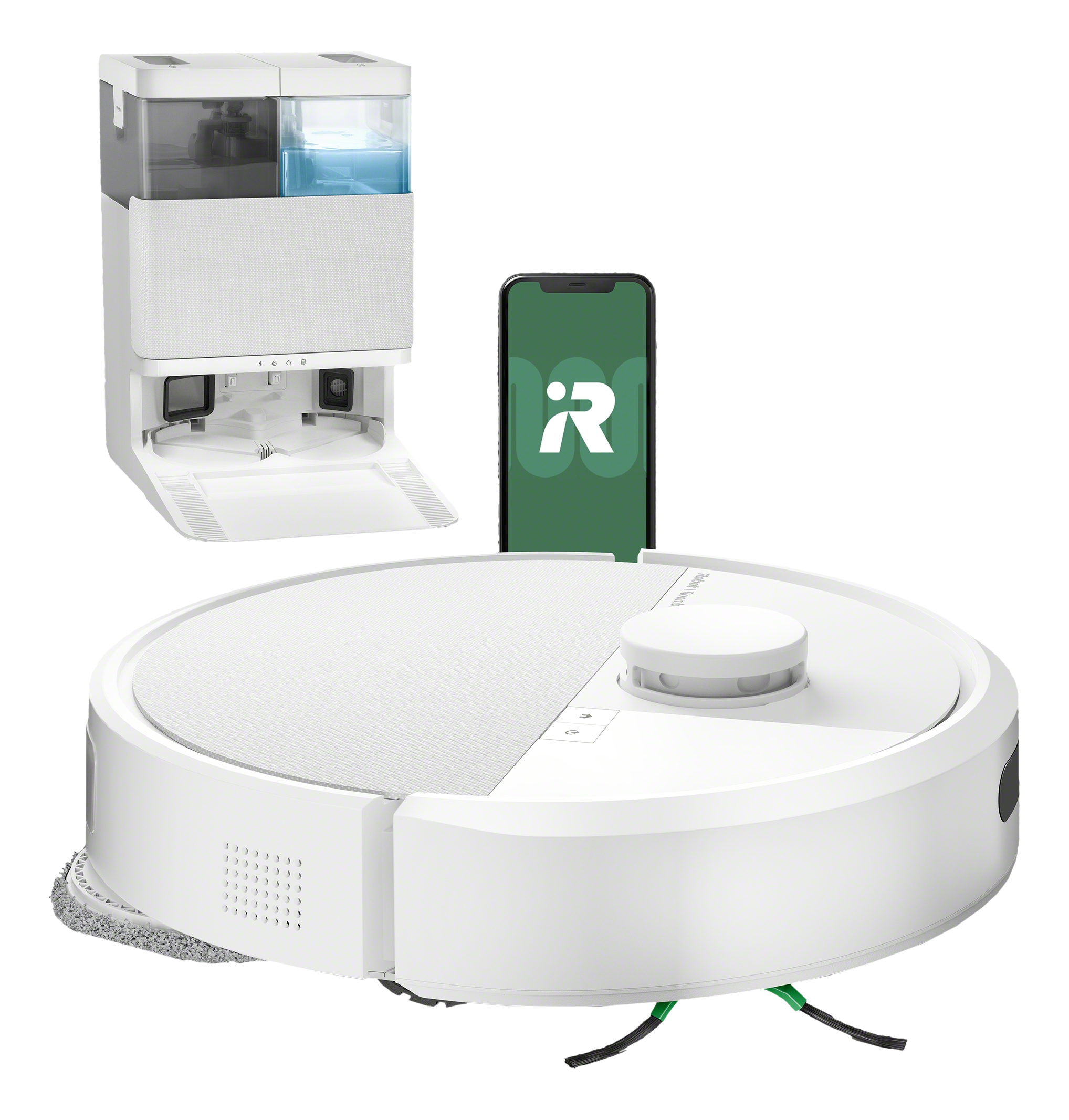 Aspirapolvere robot bianco con stazione di ricarica, telefono con logo e sfondo bianco.