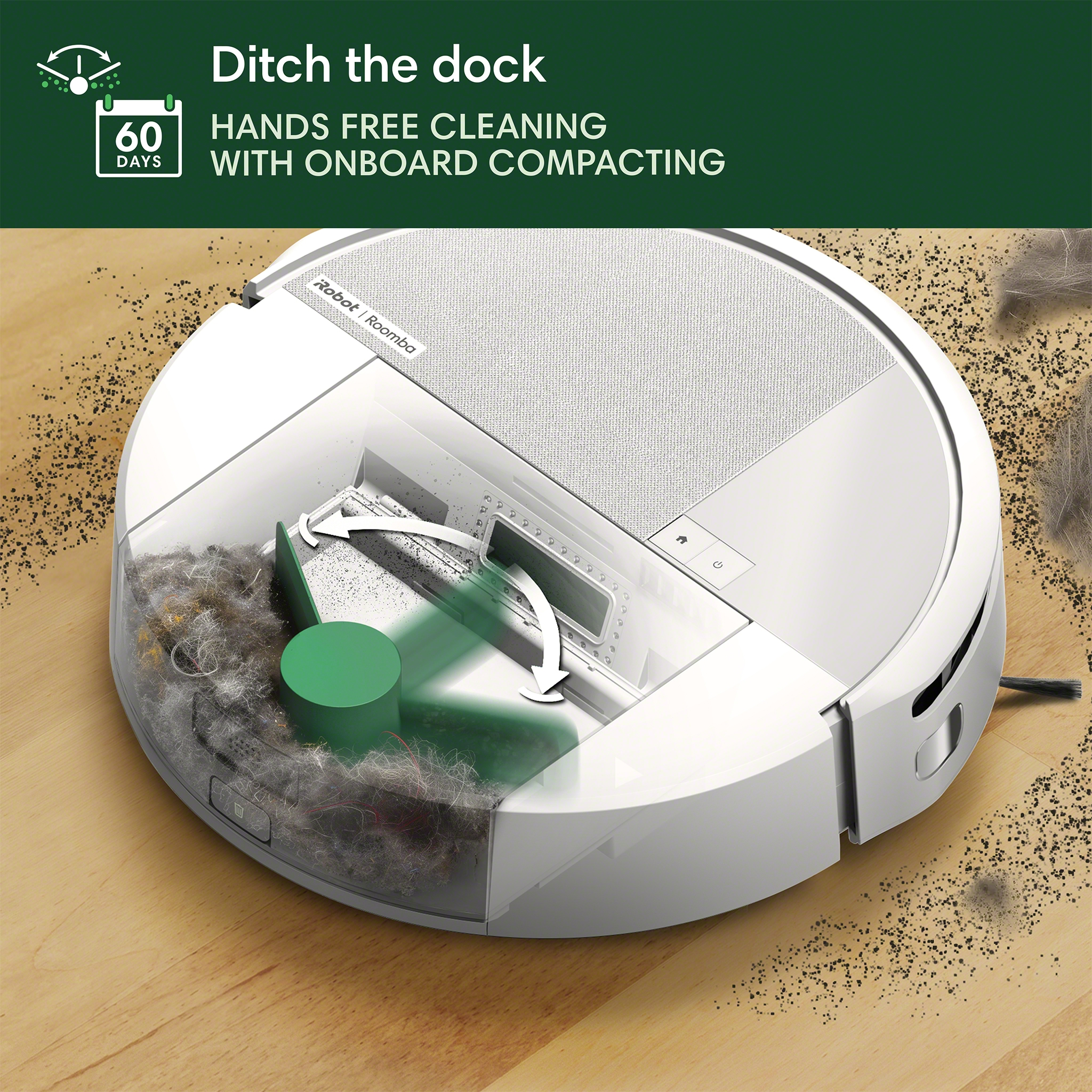 Aspirateur robot avec compactage intégré, nettoyage. Sol en bois.