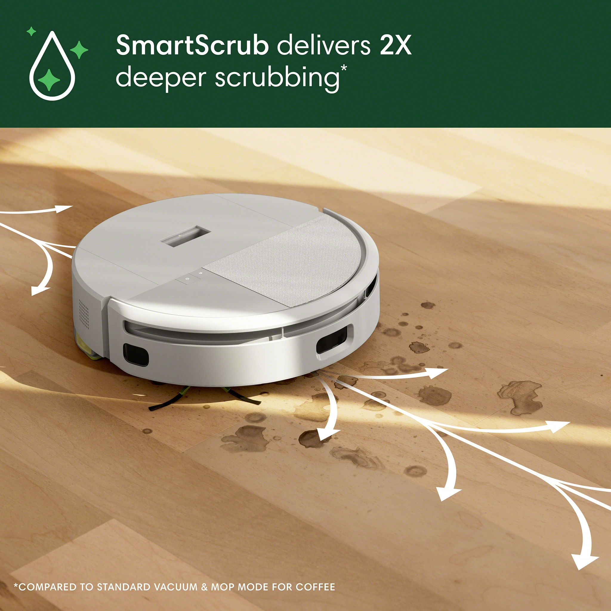 Robot aspirateur sur un sol en bois, avec des trajets de nettoyage indiqués par des flèches. Blanc.