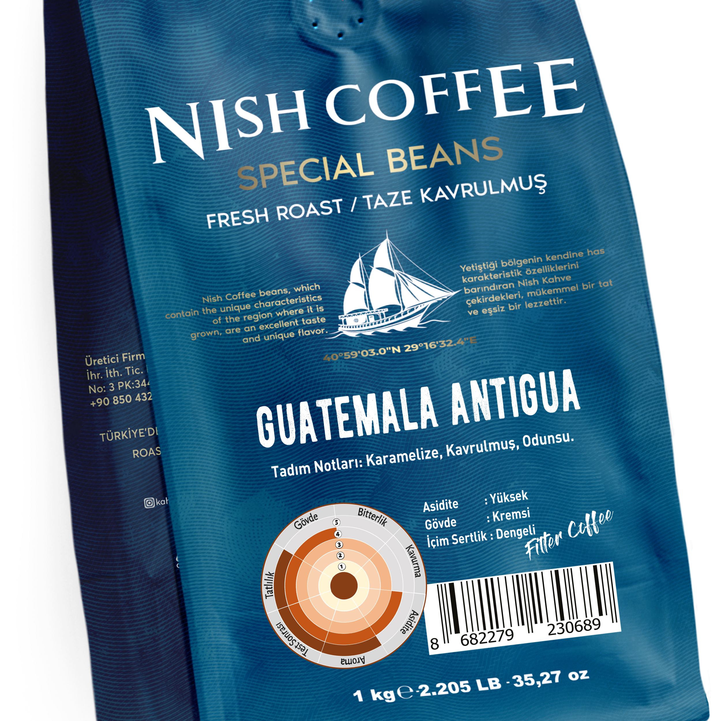 Nish Coffee, Guatemala Antigua çantası, kahve çekirdeği detaylarıyla.