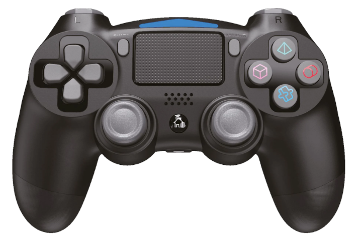 Çoklu düğmeler ve bir D-pad içeren siyah oyun kumandası. Siyah arka plan üzerinde izole edildi.