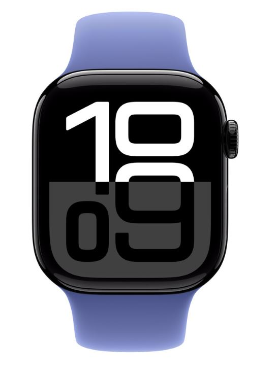 Mavi kayışlı siyah bir Apple Watch, ekranında 10:09 saatini gösteriyor.