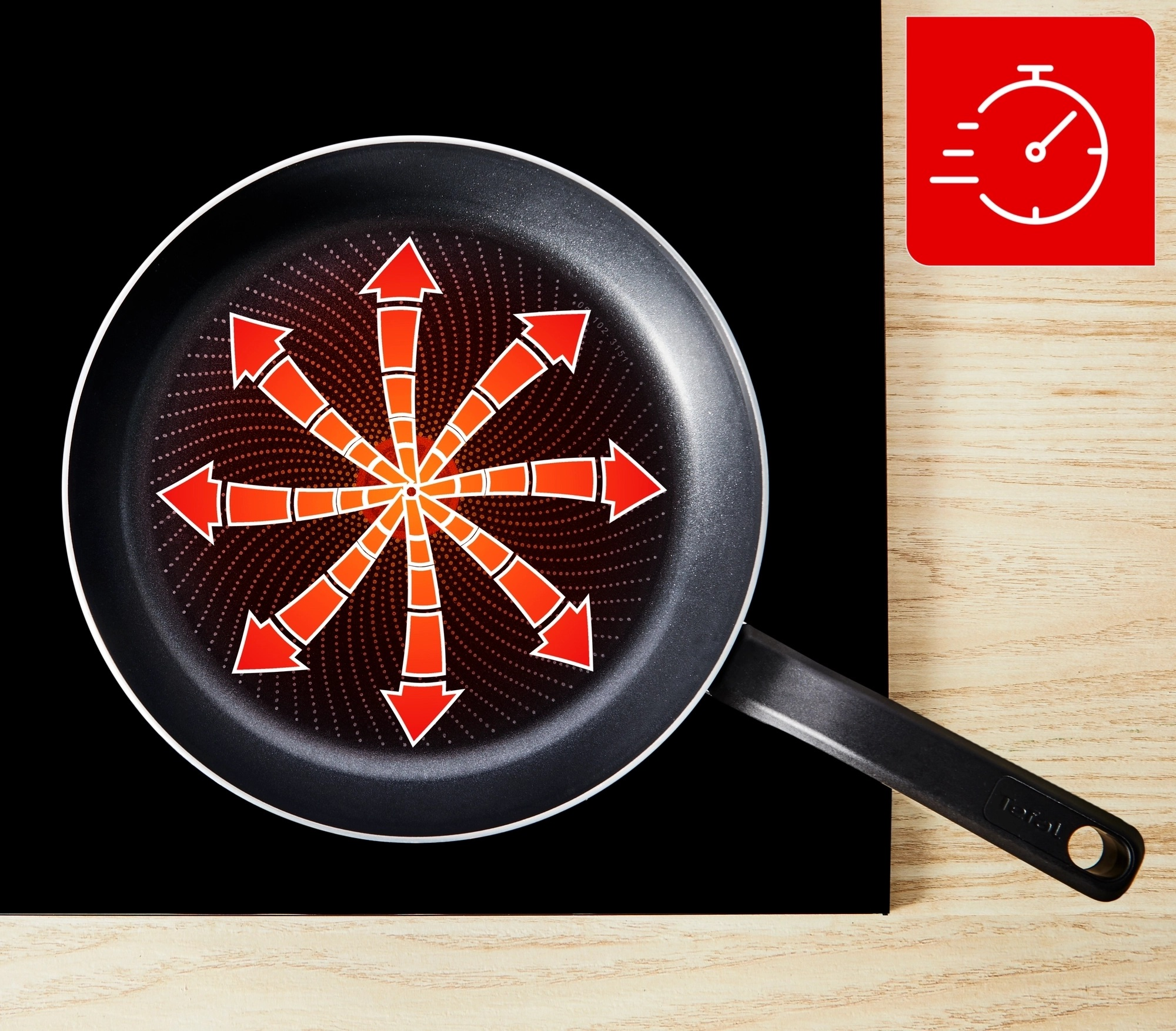 Patelnia z czerwonymi strzałkami wskazującymi rozkład ciepła, na czarnej kuchence.