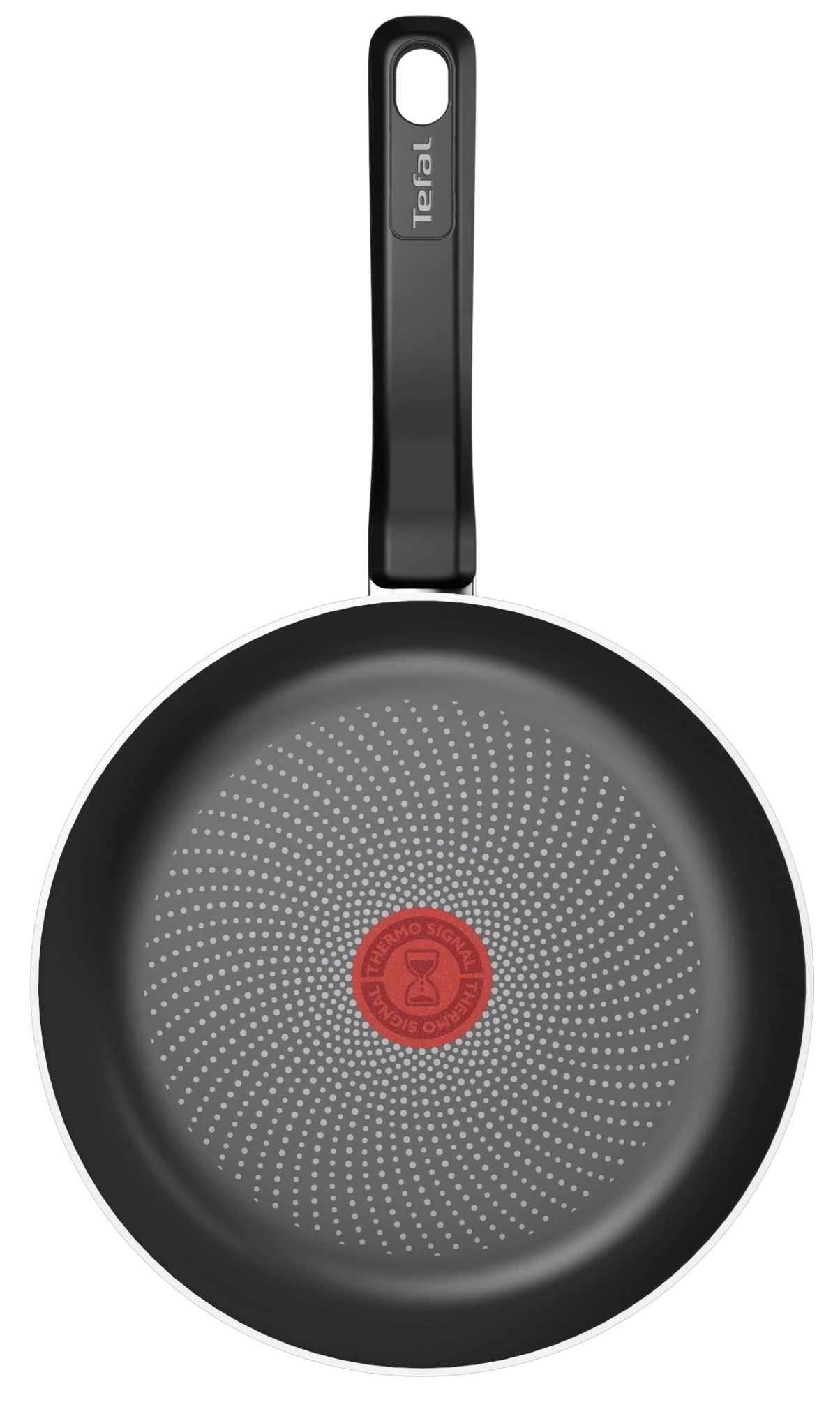 Czarna patelnia z czarnym uchwytem i czerwoną kropką pośrodku.