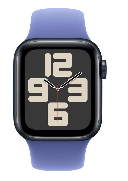 Mavi kayışlı bir Apple Watch. Saat kadranı 12, 9, 3 ve 6 sayılarını gösterir. Akrep yelkovan siyah, saniye kırmızıdır.
