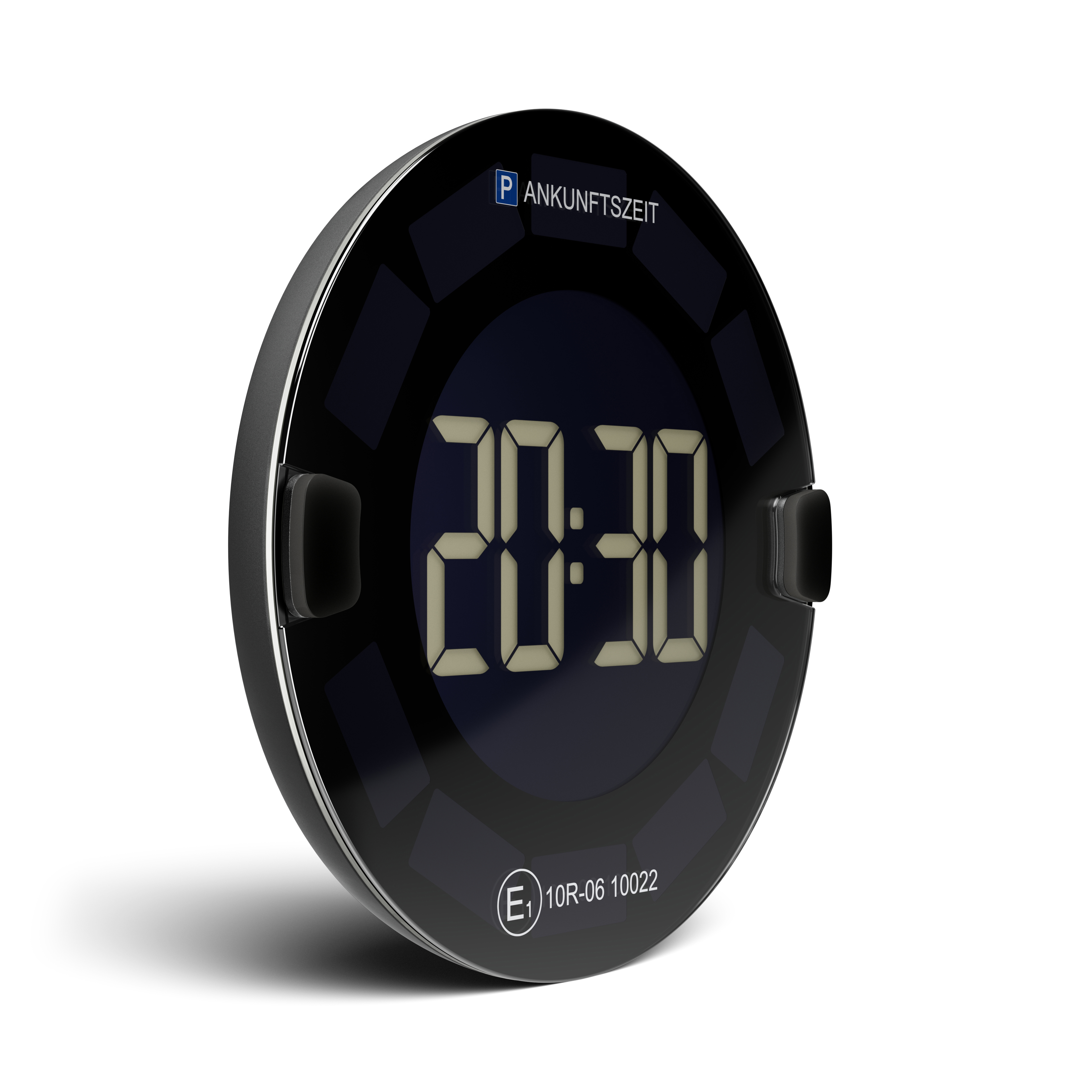 Schwarzer Parkuhr mit digitaler Anzeige, die 20:30 anzeigt. Der Text 'ANKUNFTSZEIT' ist sichtbar.