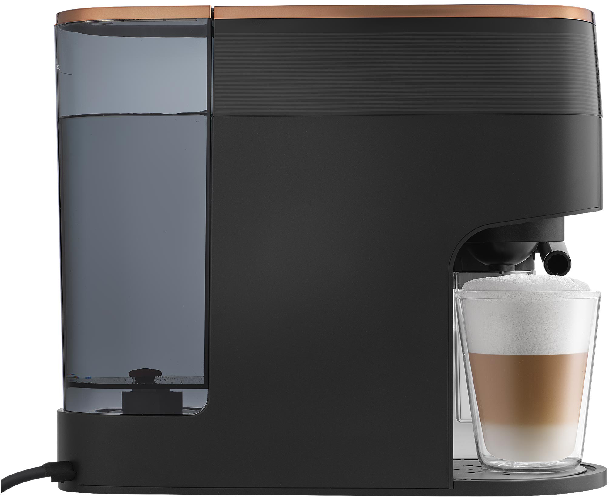 Fekete és réz kávéfőző egy pohár latte-val.