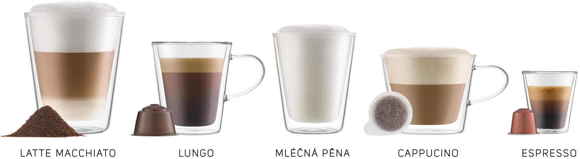 Öt kávéital üvegpoharakban, címkékkel: Latte Macchiato, Lungo, Mléčná Pěna, Cappuccino, Espresso.