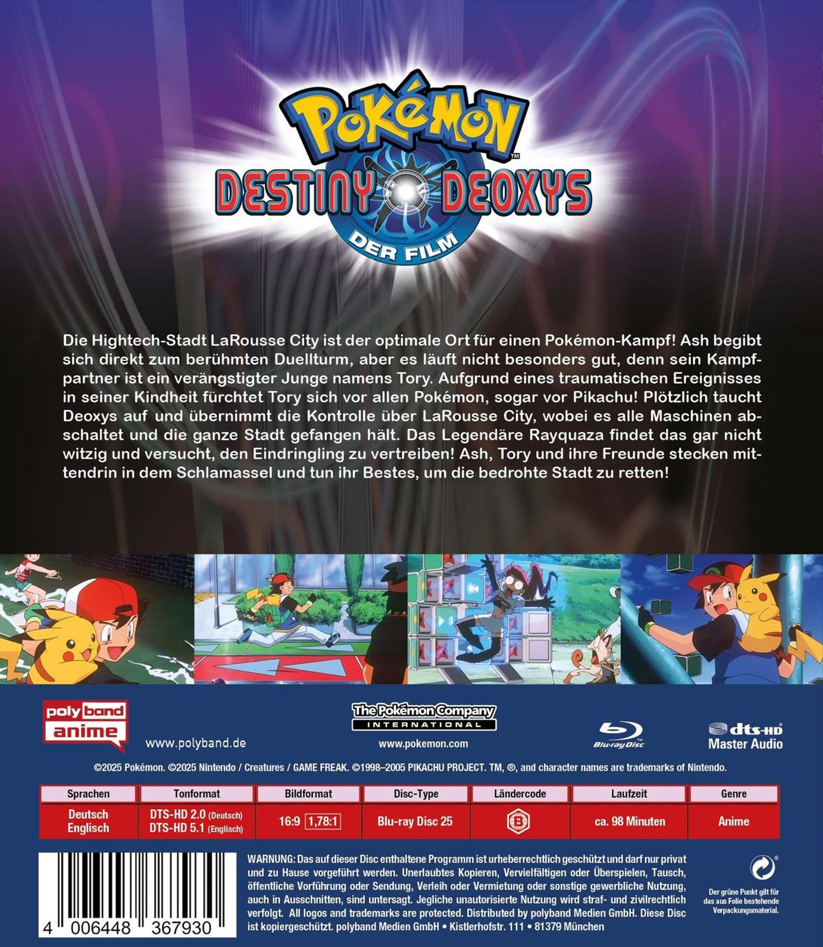 Rückseite einer Pokémon Destiny Deoxys Blu-ray Disc Hülle mit verschiedenen Bildern und Text auf Deutsch.