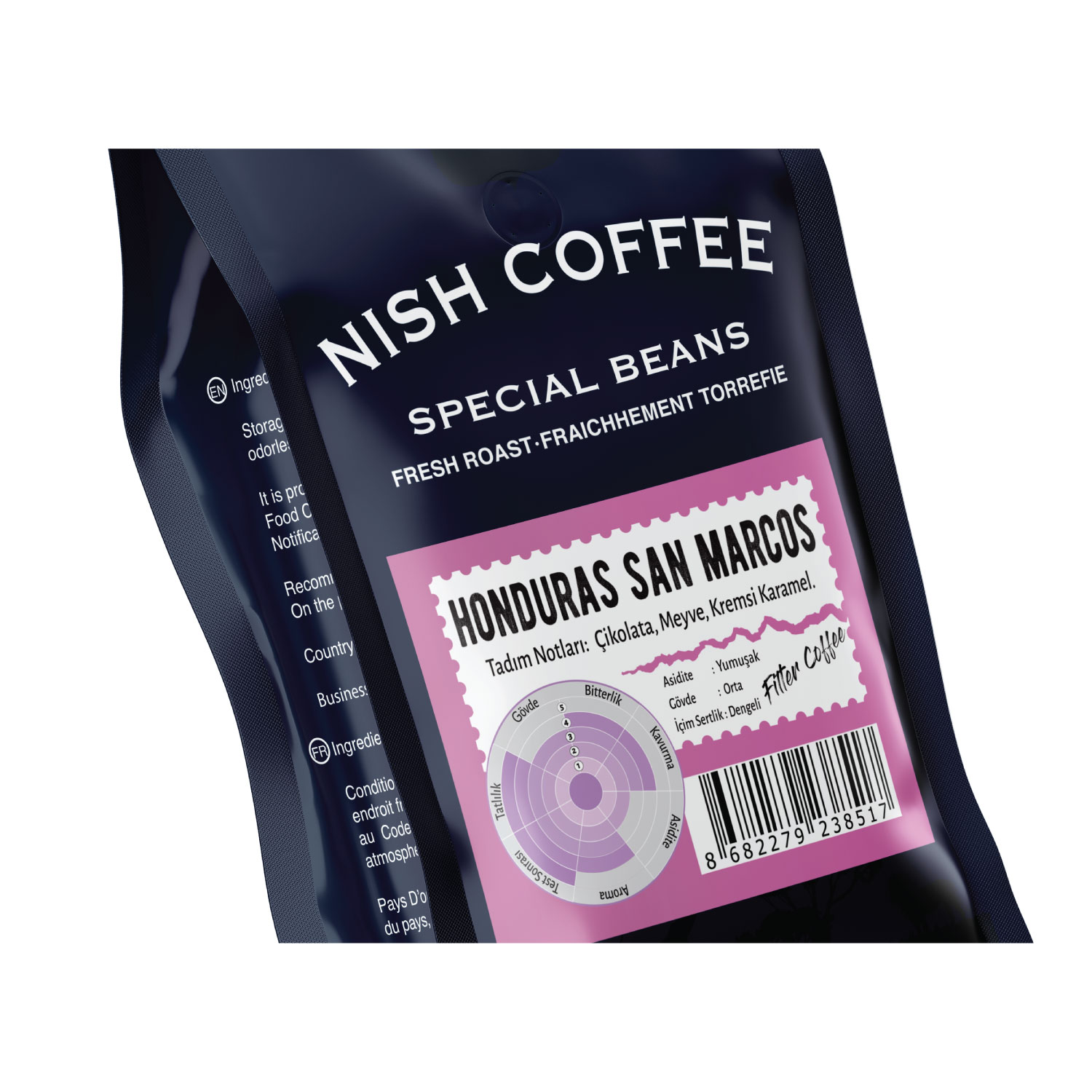 Nish Coffee, Honduras San Marcos poşeti, kahvenin profilini detaylandıran pembe bir etiketle.