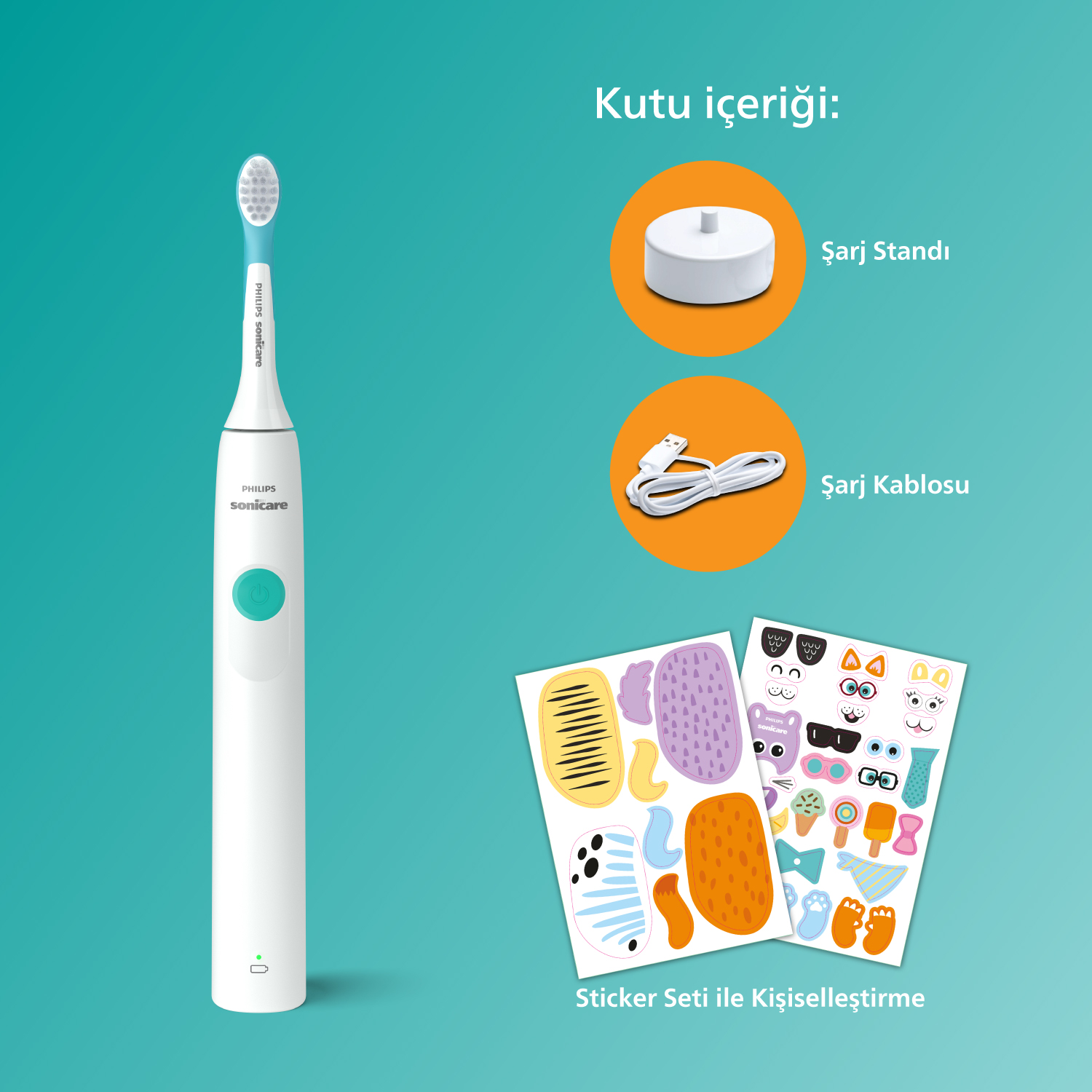 Aksesuarlarıyla birlikte bir Philips Sonicare elektrikli diş fırçası. Şarj standı ve çıkartmalar içerir.