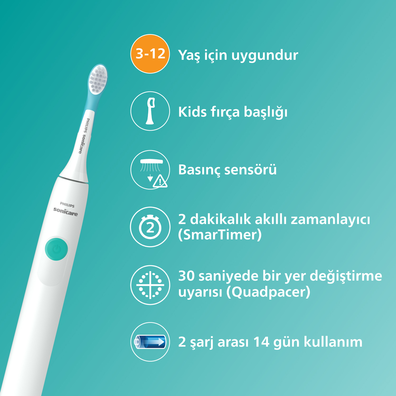 Çocuklar için özellikleri gösteren Türkçe metin ve simgeler içeren beyaz ve mavi bir elektrikli diş fırçası.