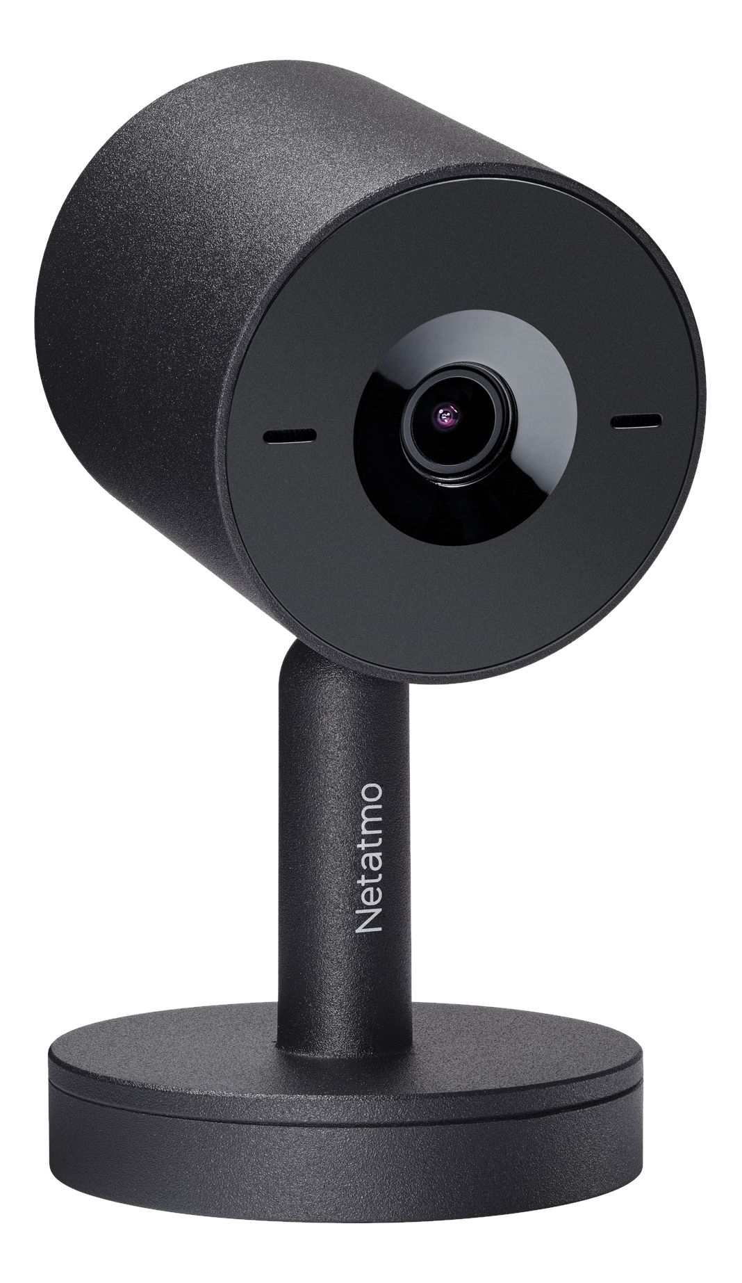 Schwarze Netatmo Sicherheitskamera auf schwarzem Hintergrund. Kreisförmige Form mit Linse.