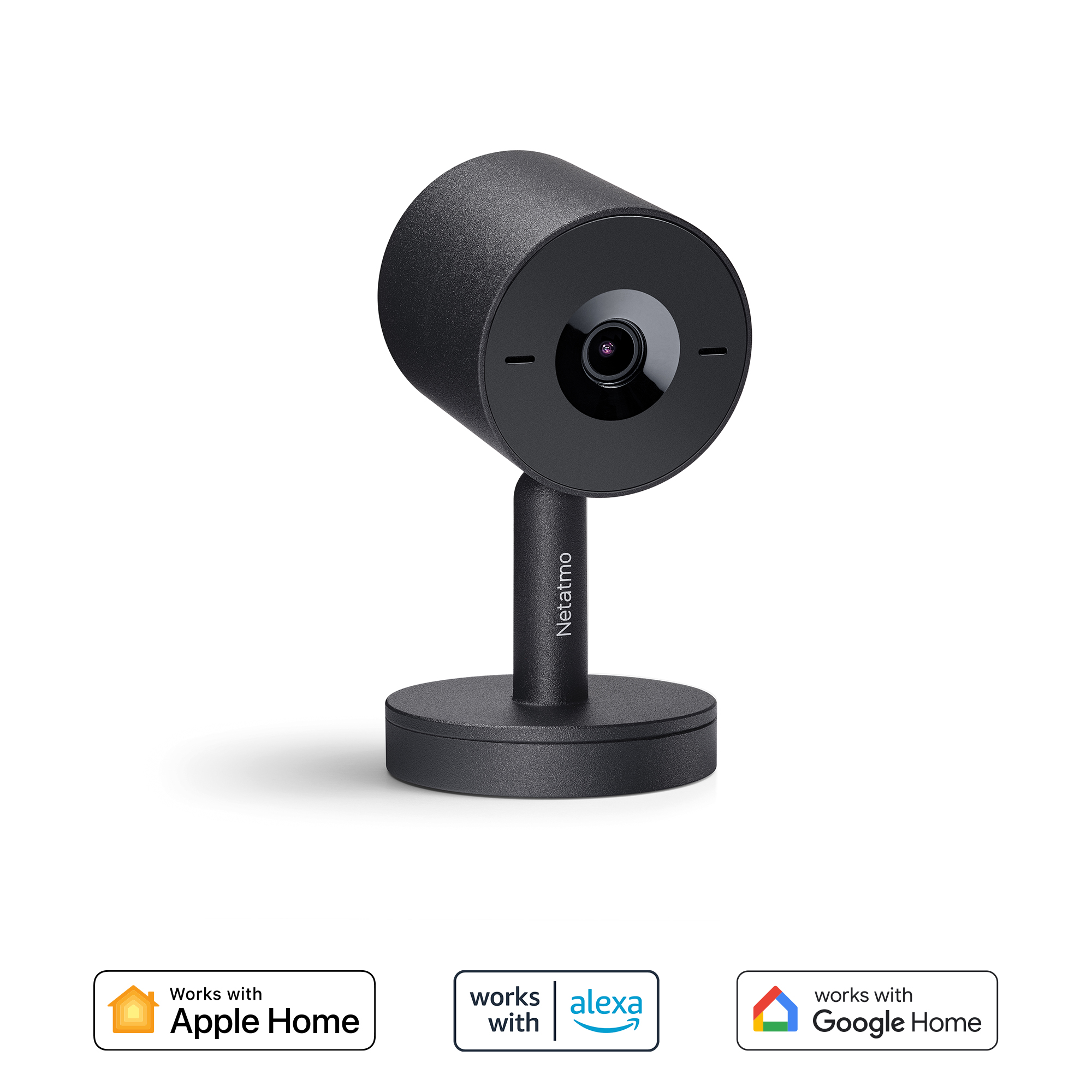 Schwarze Smart-Home-Sicherheitskamera. Funktioniert mit Apple Home, Alexa und Google Home.