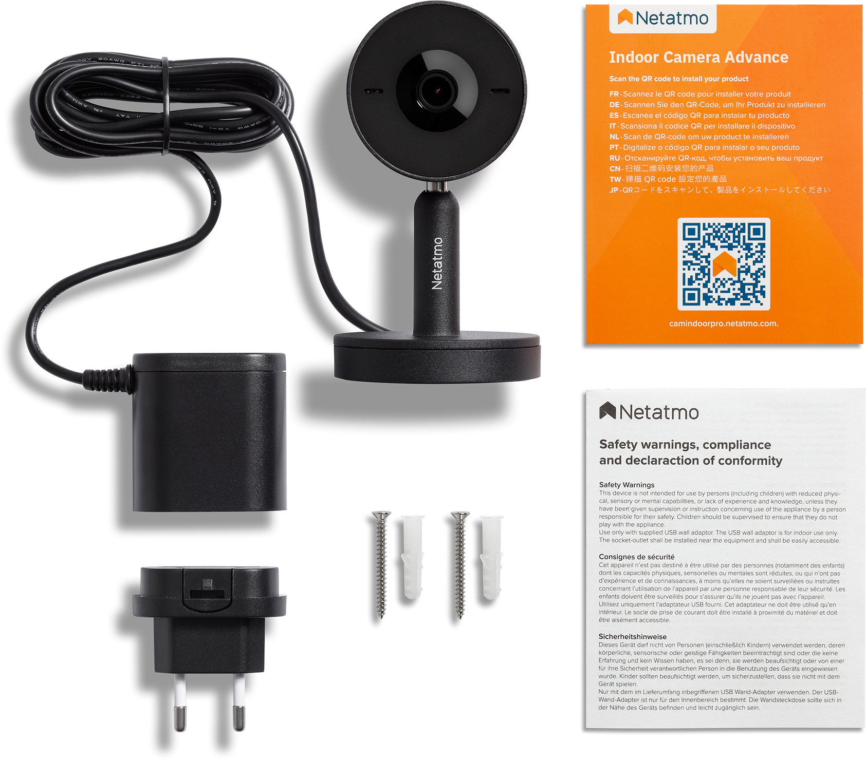 Indoor-Kamera-Setup mit Zubehör, Dokumentation und Stecker. Schwarze Farbe.
