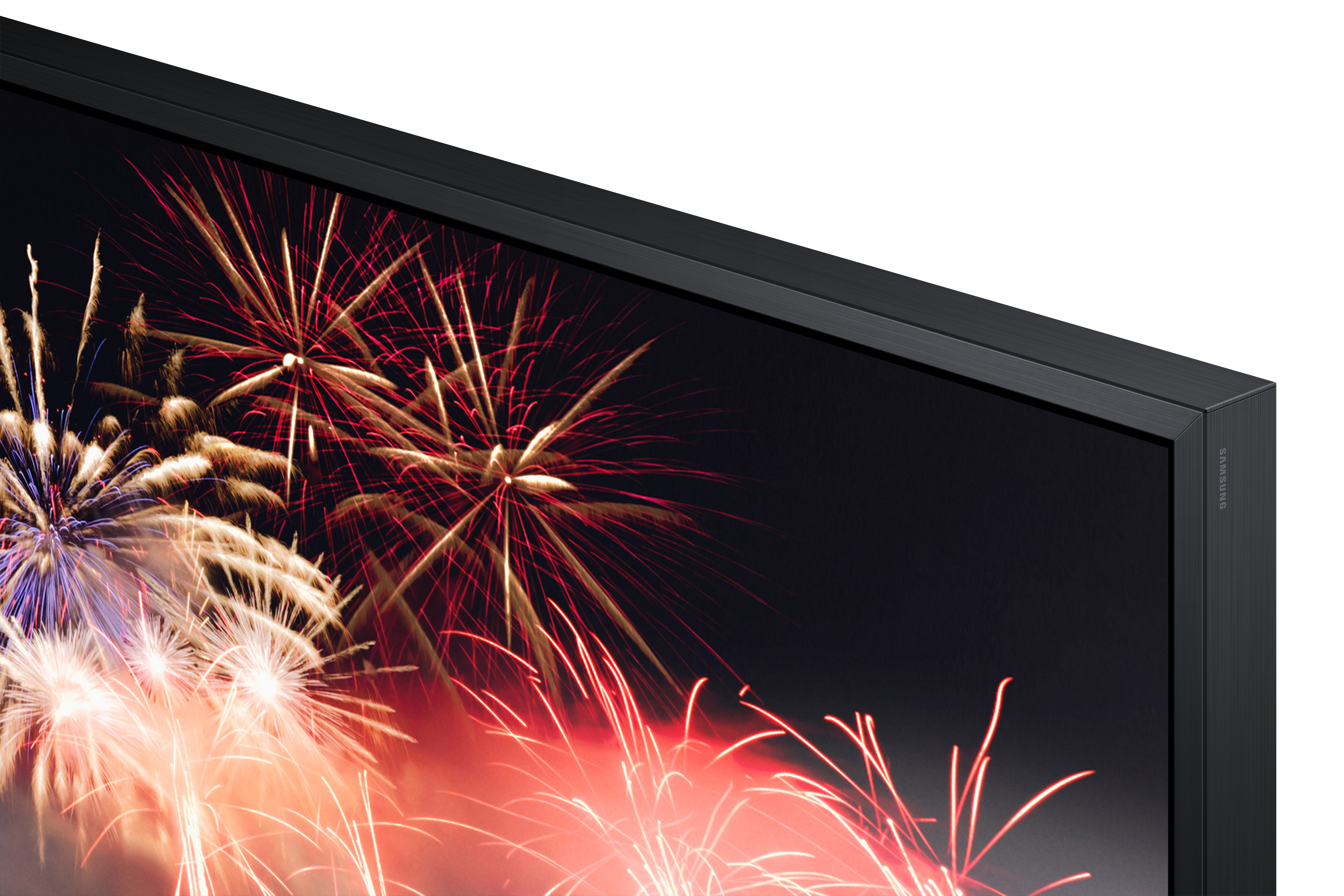 TV-Bildschirm mit Feuerwerk und schwarzem Rahmen. Nahaufnahme einer Ecke.