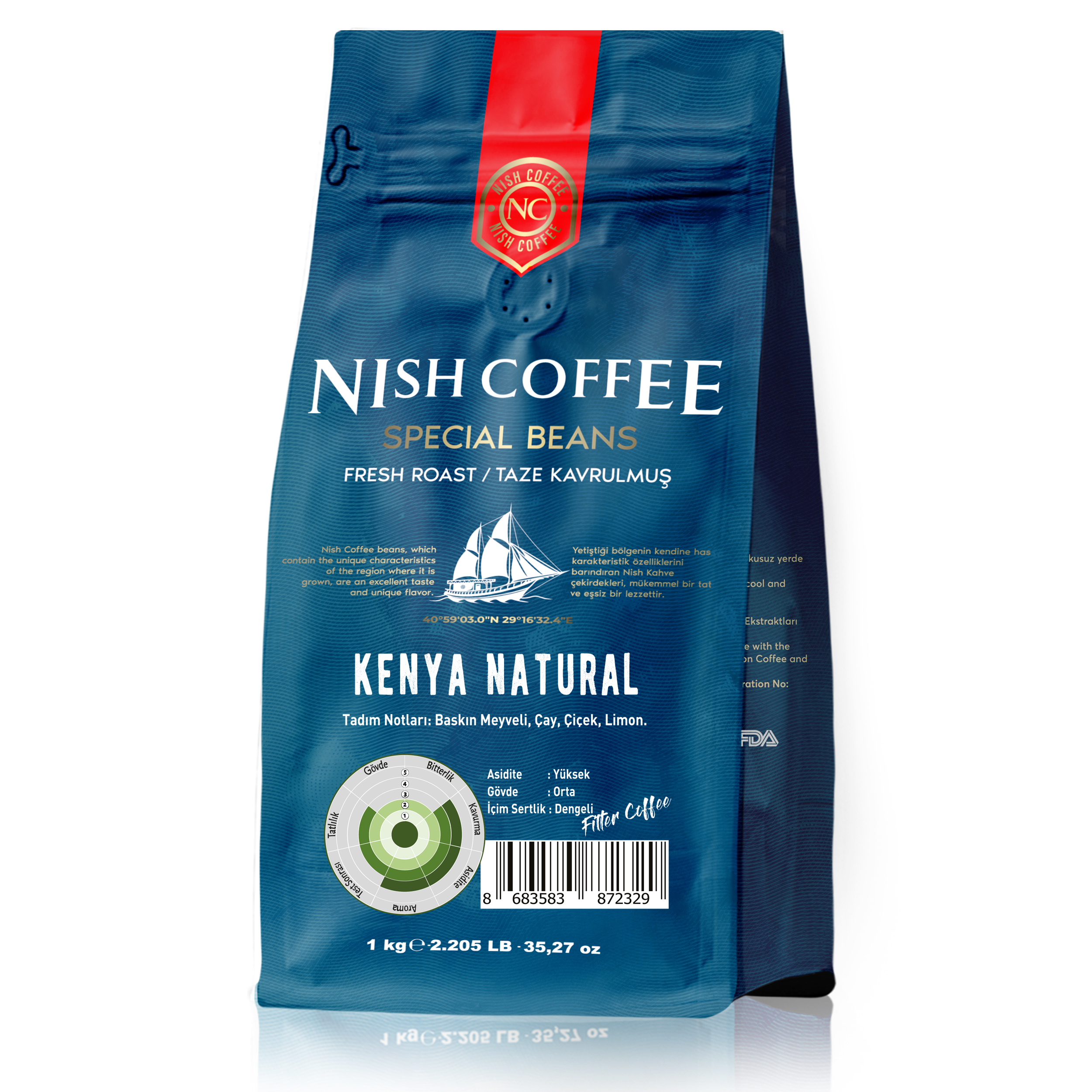 Bir tekne içeren metin ve grafiklerle NISH COFFEE poşeti.