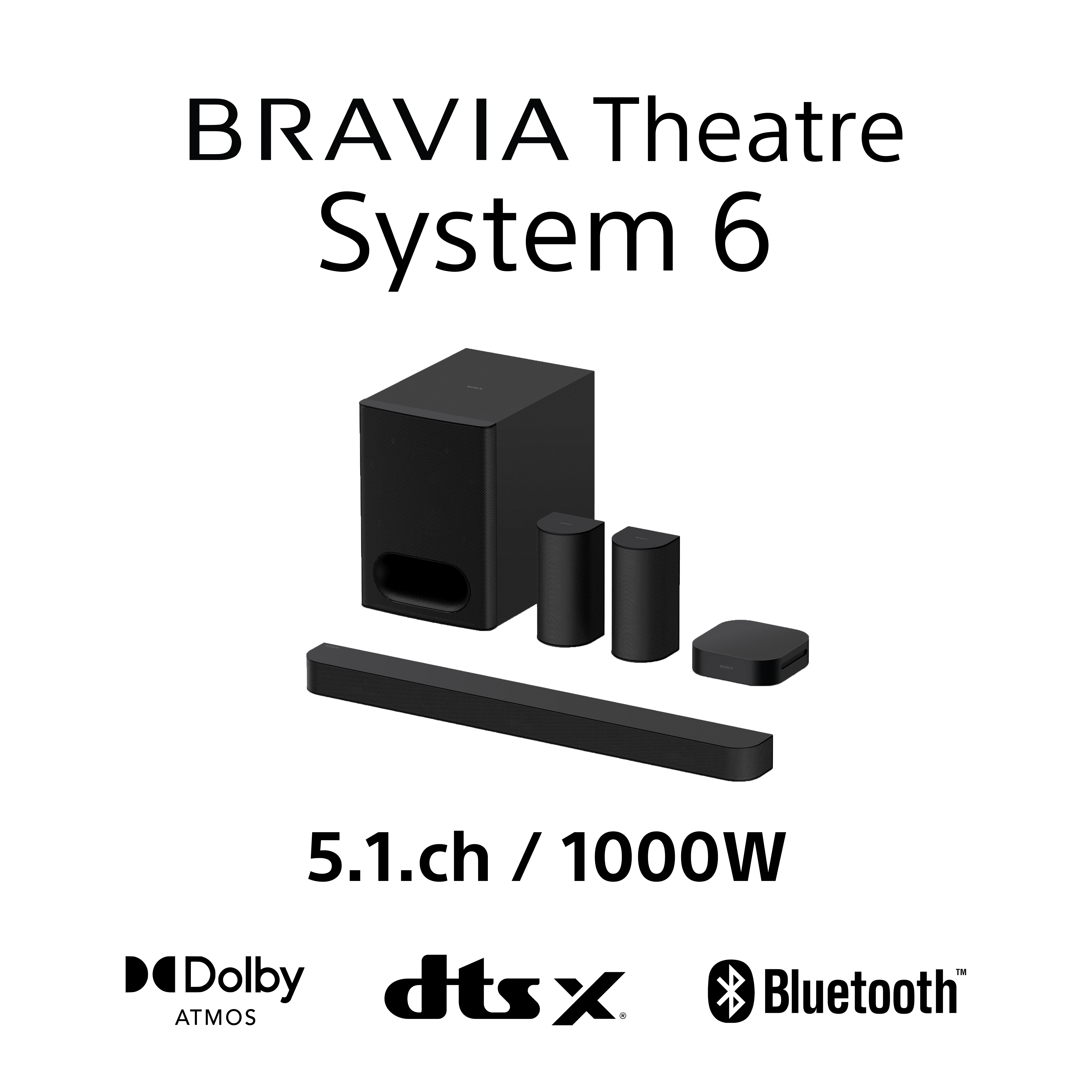 Sistema de cine en casa negro. Barra de sonido, subwoofer y altavoces pequeños. Fondo blanco.