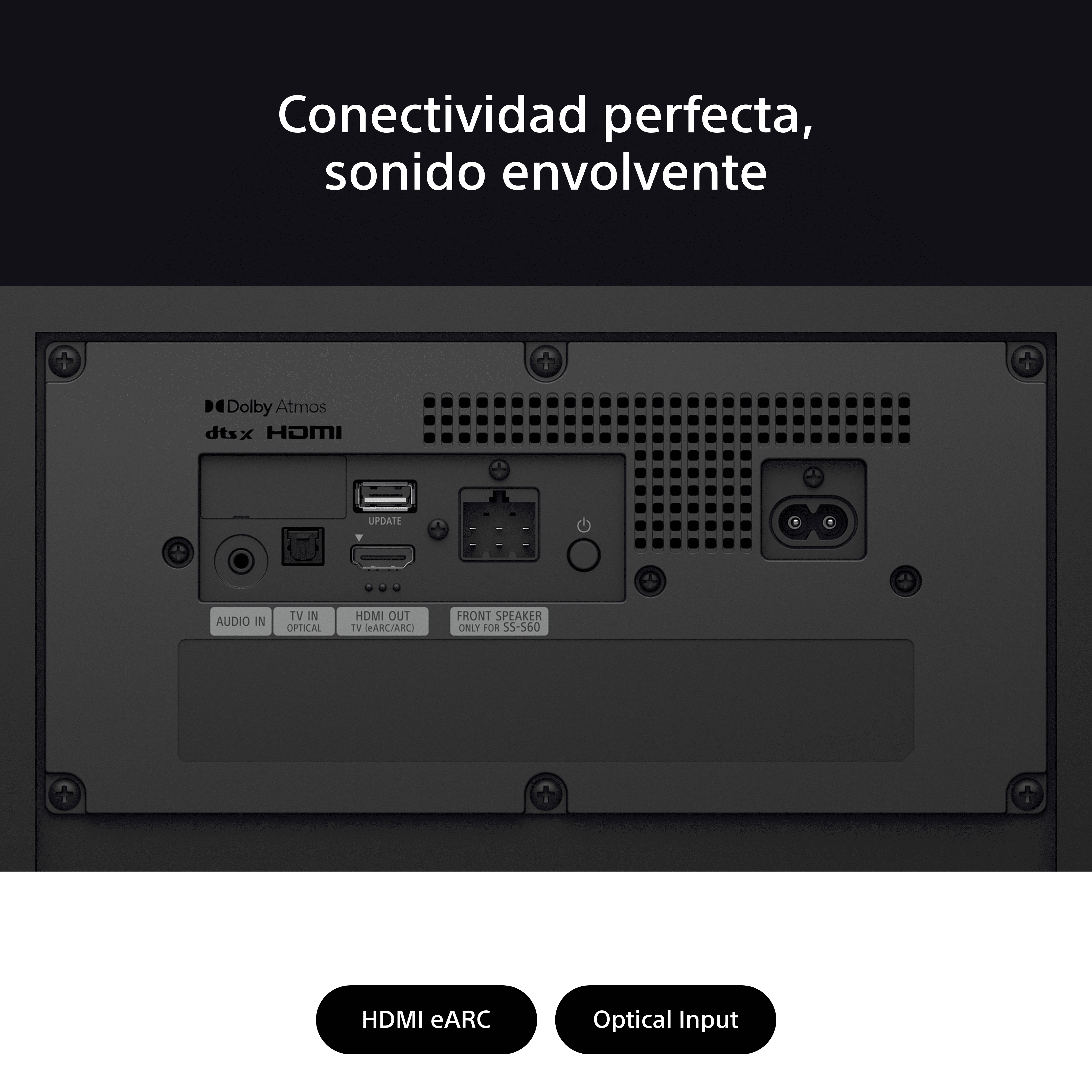 Panel trasero de una barra de sonido negra con varios puertos y botones.