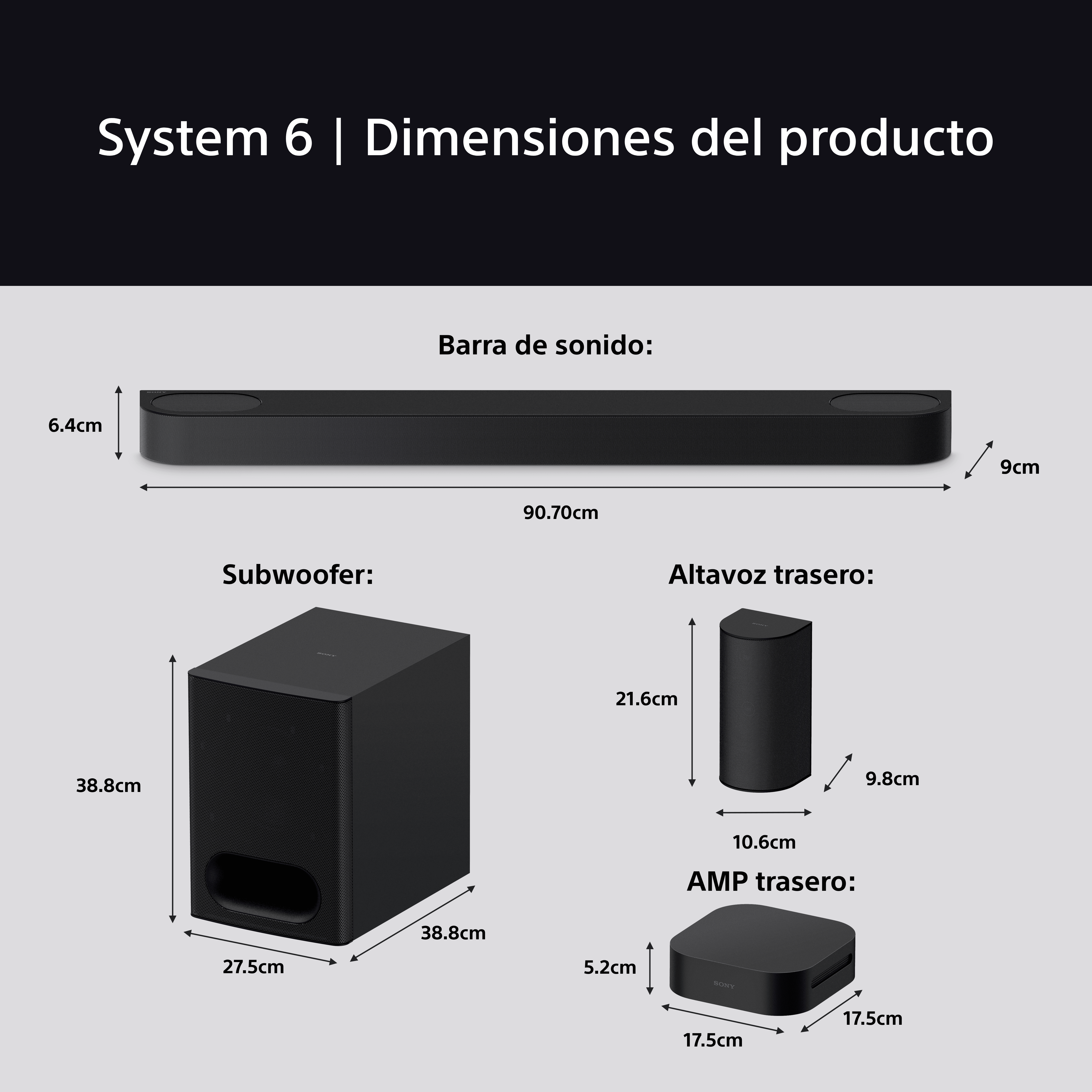 Diagrama de una barra de sonido, un subwoofer y altavoces traseros negros con dimensiones en cm. Fondo blanco.