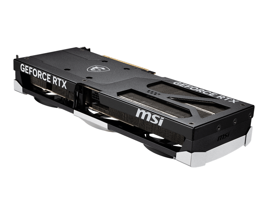 GEFORCE RTX' ve 'MSI' metninin görülebildiği siyah ve gümüş bir grafik kartı. Siyah bir arka plana karşı.