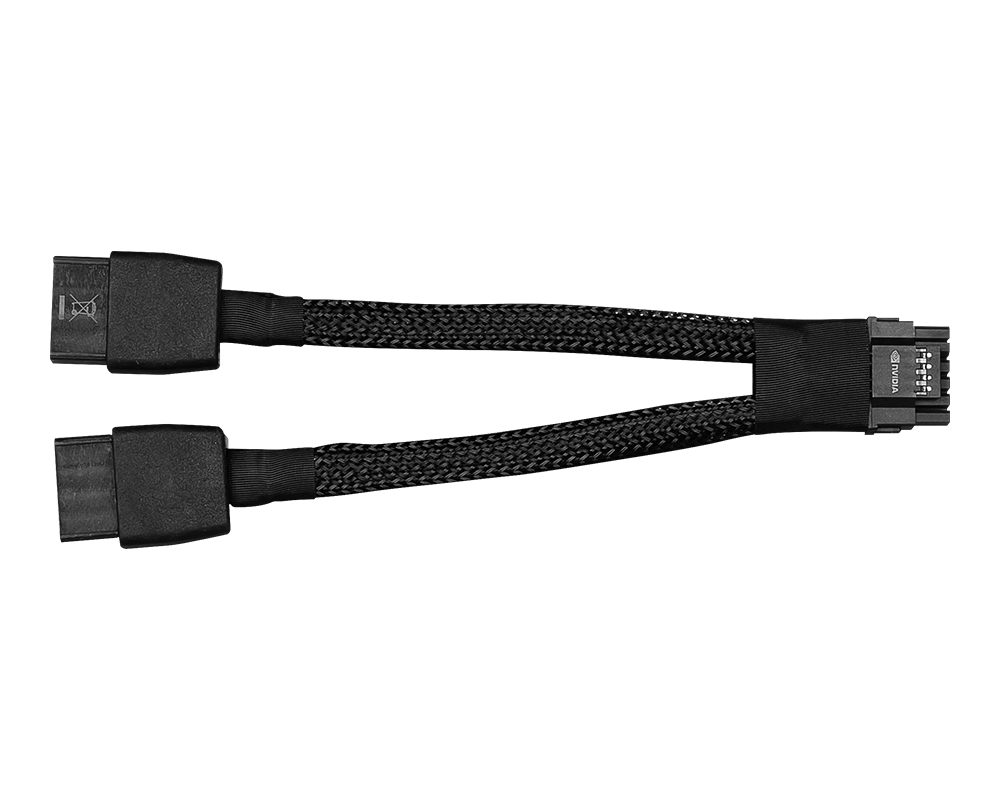 Siyah bir arka plan üzerinde her iki ucunda konektörler bulunan siyah bir Nvidia kablosu.