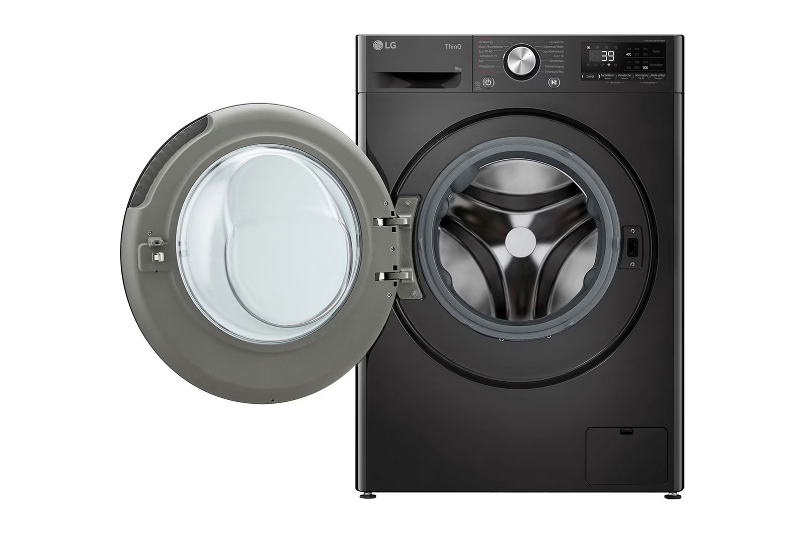 Schwarze LG Waschmaschine mit offener Tür, auf weißem Hintergrund.