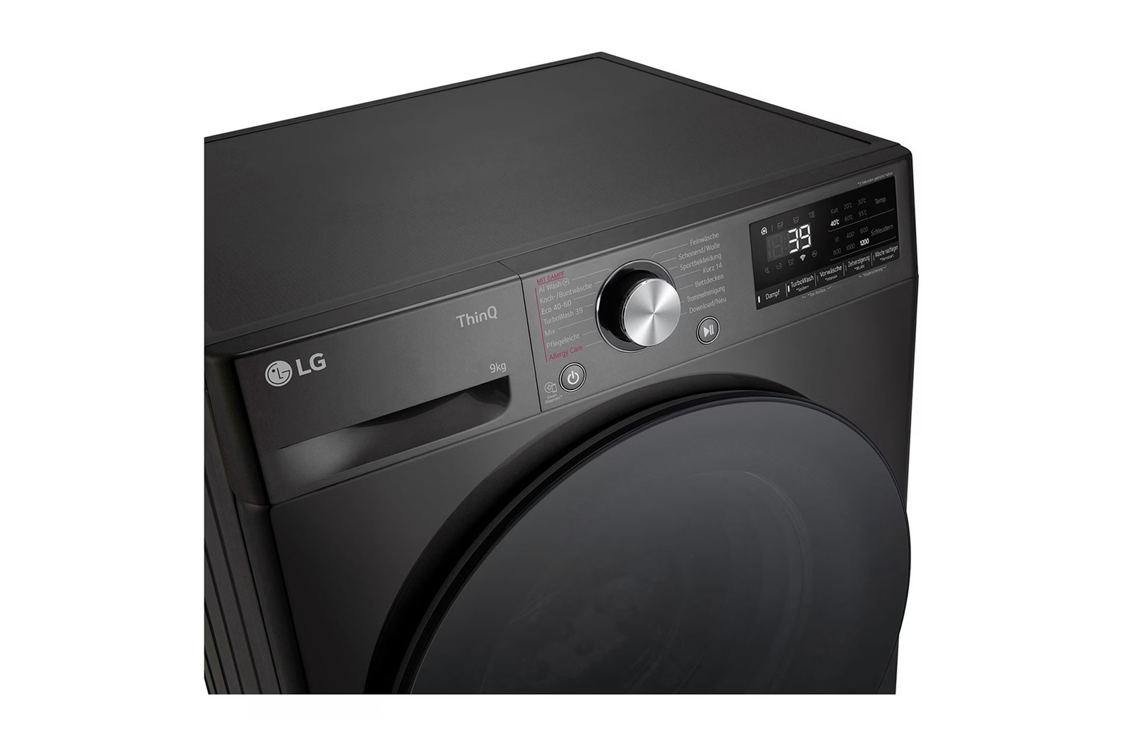 Schwarze LG Waschmaschine, Draufsicht, mit Bedienfeld und Display.
