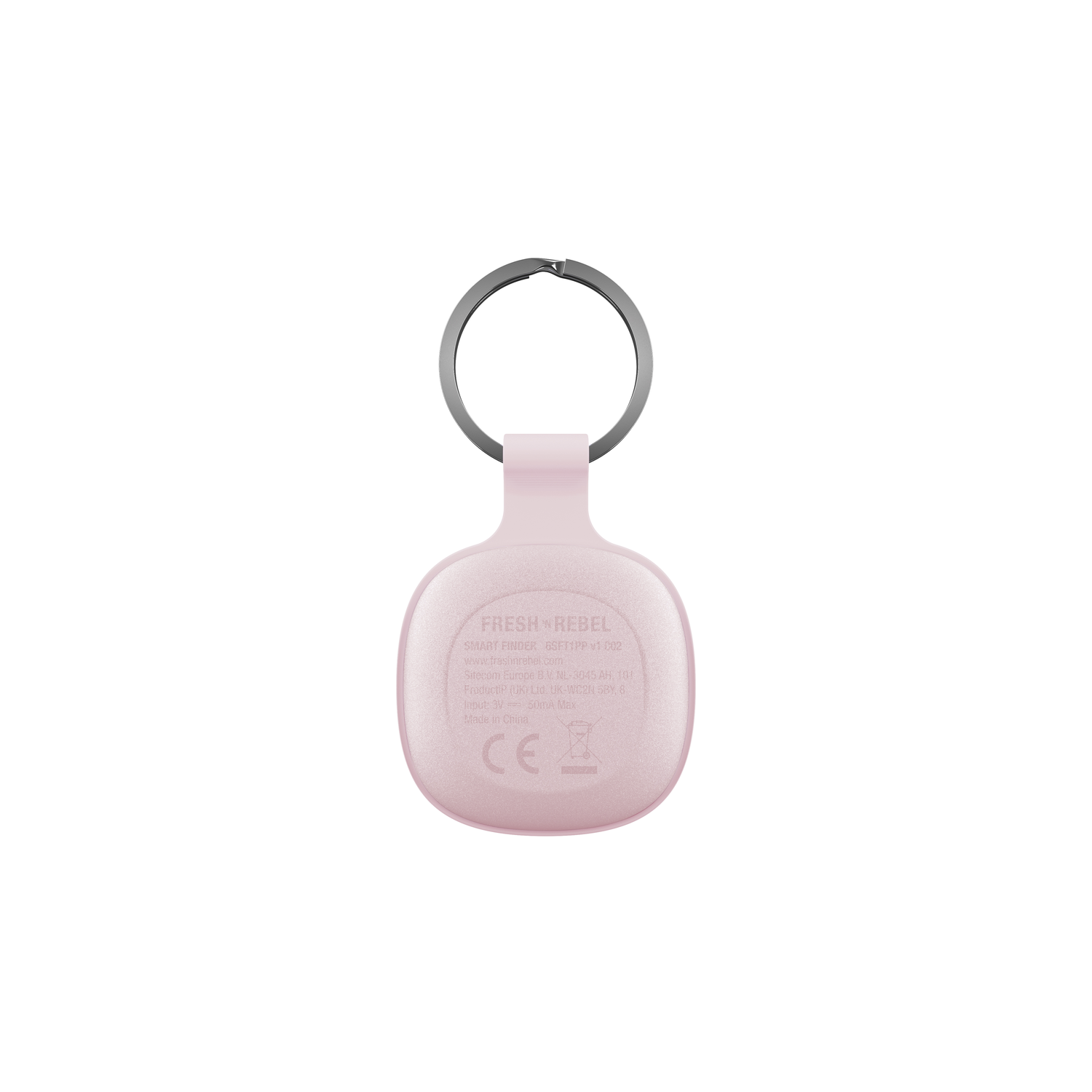 Een roze Fresh Rebel smart finder met een sleutelhanger.