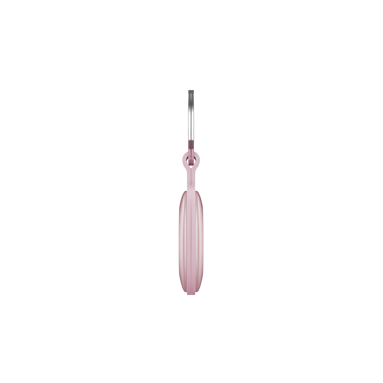 Een roze, ovaalvormige sleutelzoeker met een zilveren sleutelring, hangend tegen een witte achtergrond.