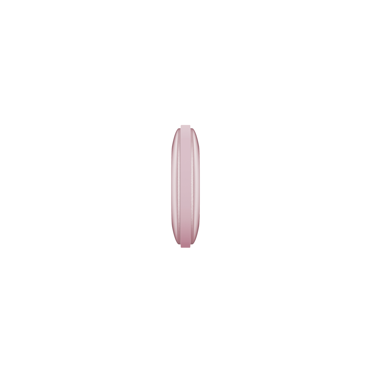 Een zijaanzicht van een roze, afgeronde, compacte cosmetica-etui op een witte achtergrond.