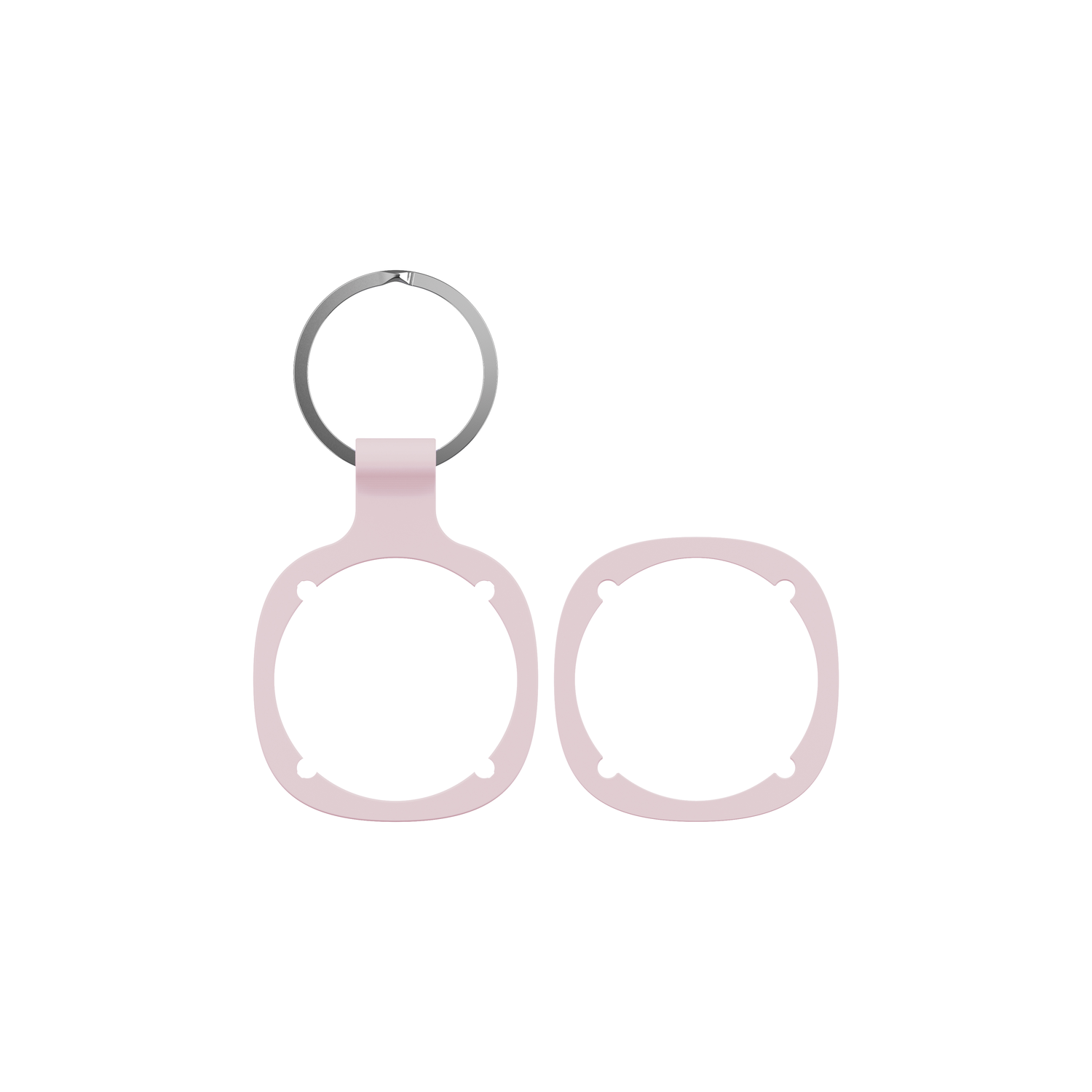Roze AirTag-houder met een zilveren sleutelhanger en een aparte ring. Witte achtergrond.
