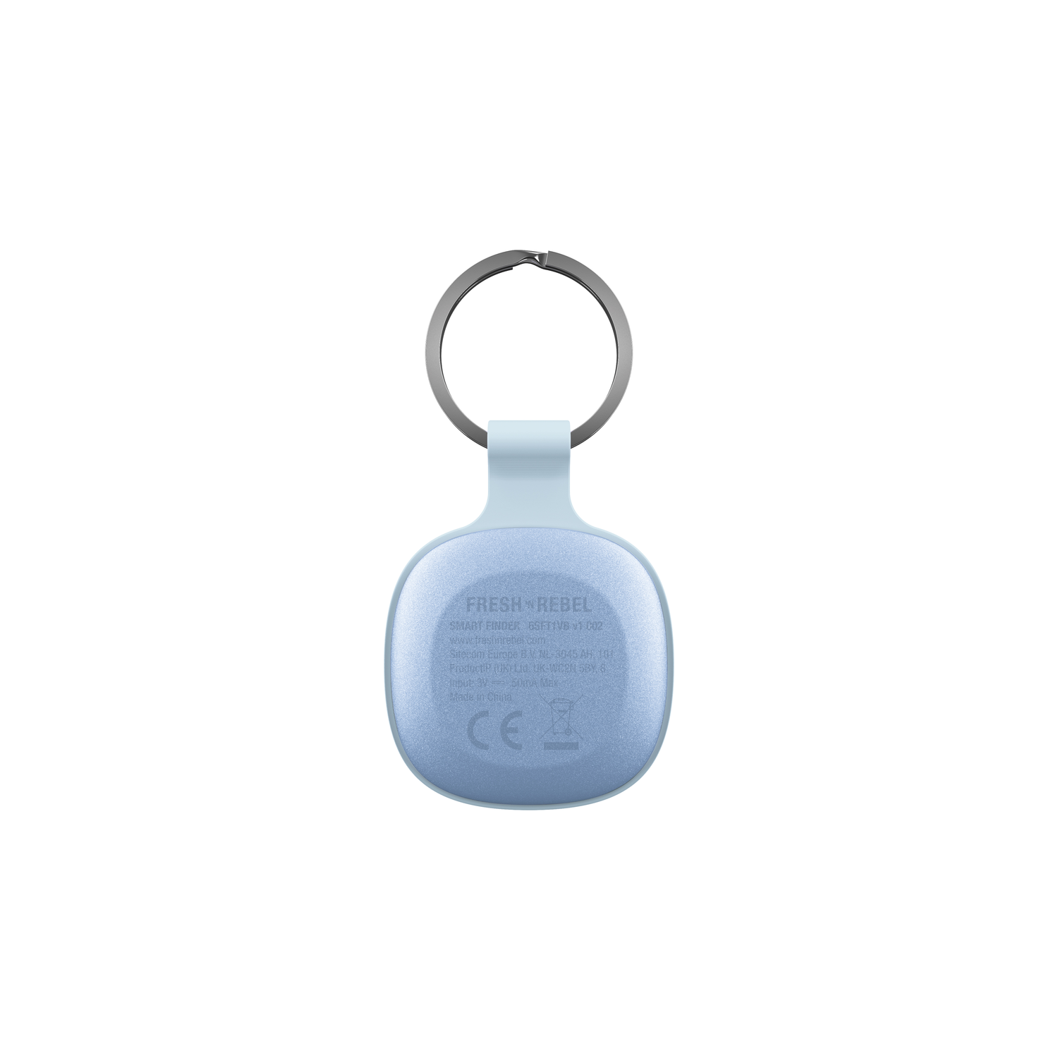 Een Fresh 'n Rebel blauwe smart finder, met een sleutelhanger bevestigd.