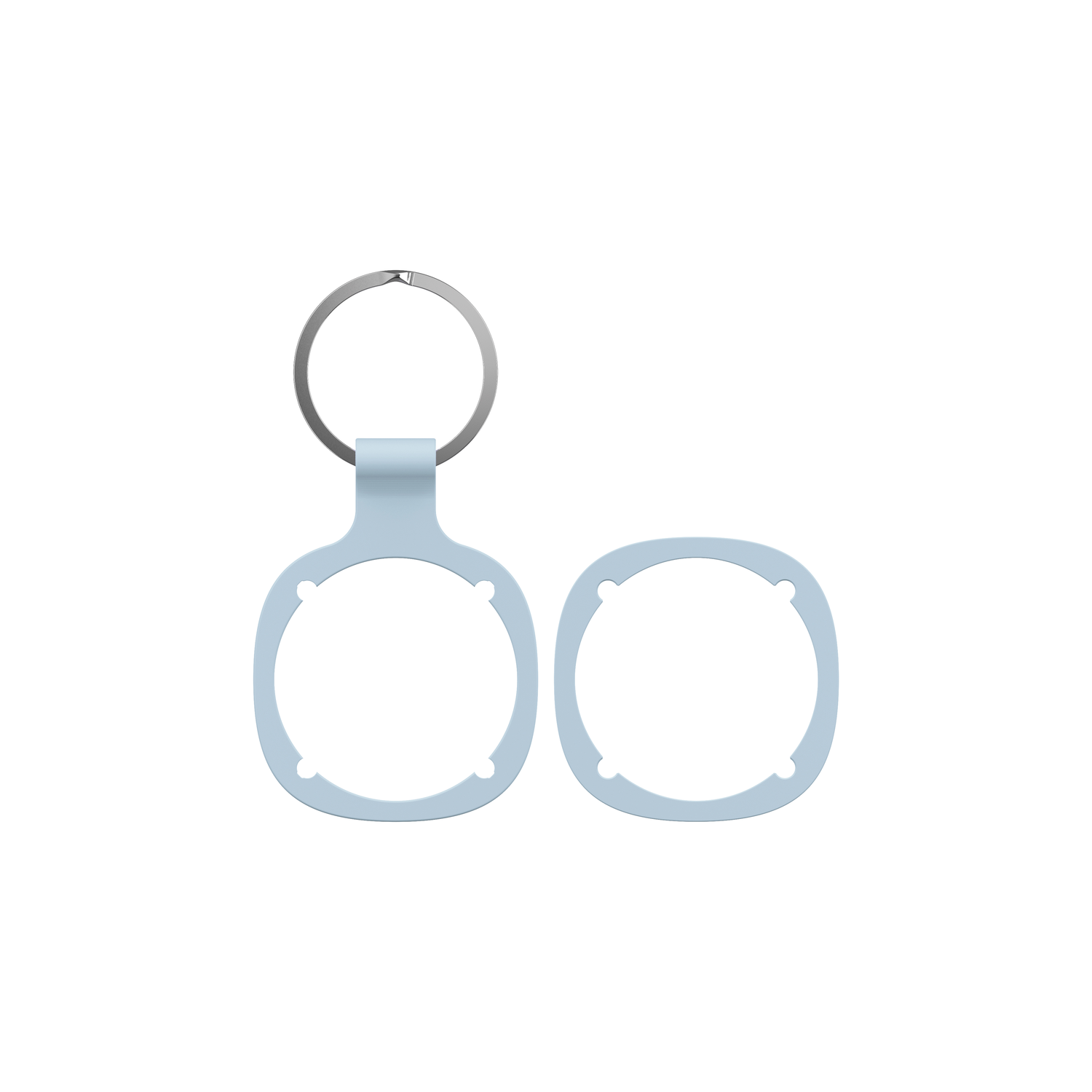 Twee lichtblauwe sleutelhangers met een zilveren ring.