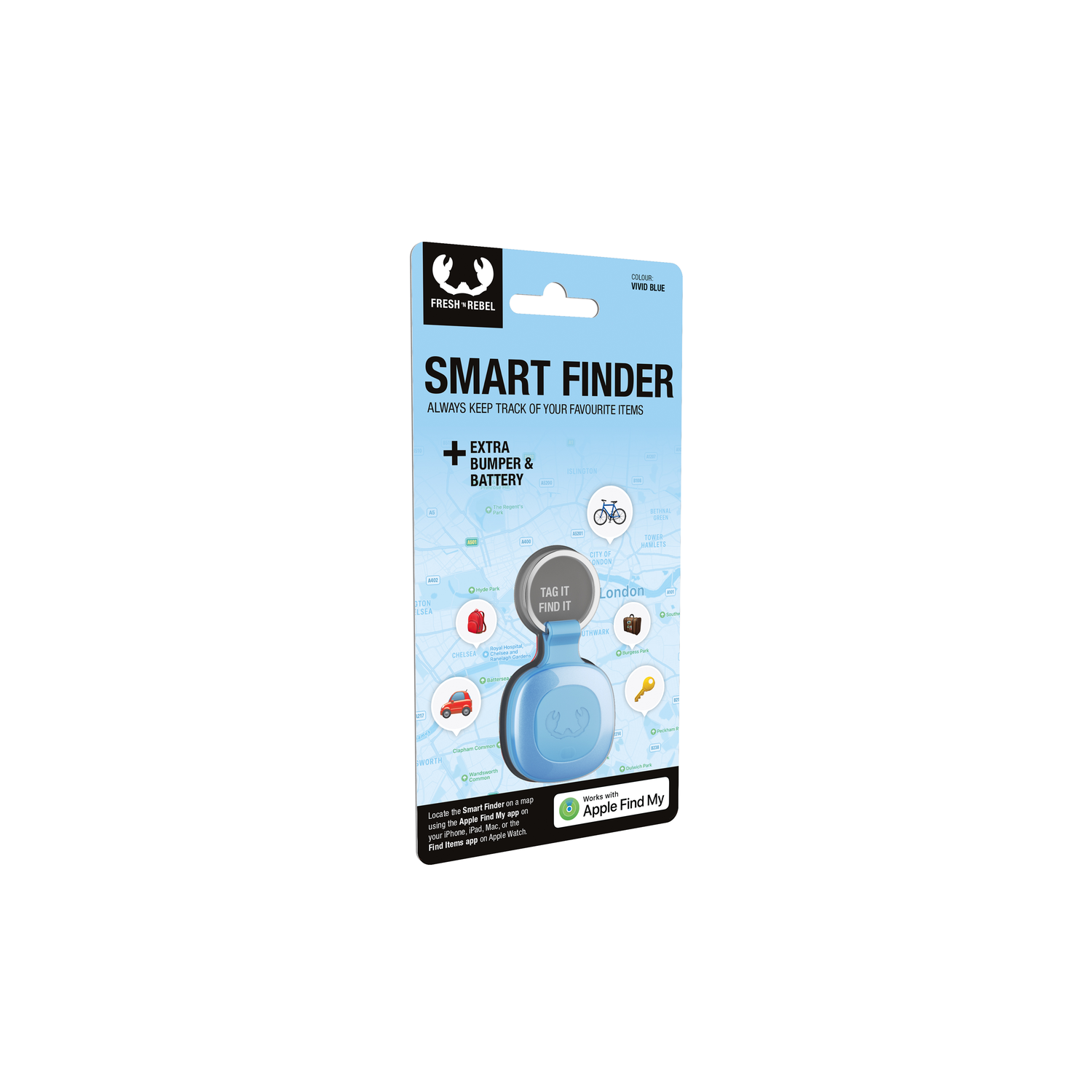 Een blauwe Smart Finder-verpakking met een sleutelhanger.