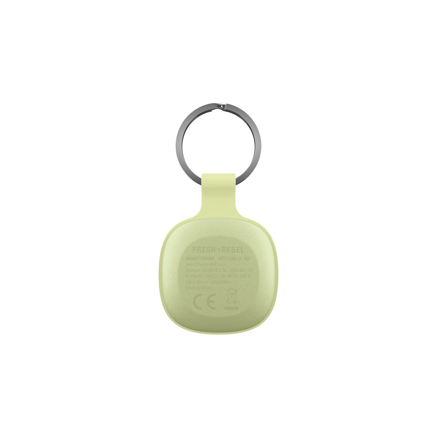 Een Fresh 'n Rebel sleutelhanger-tracker. Lichtgroen en rond.