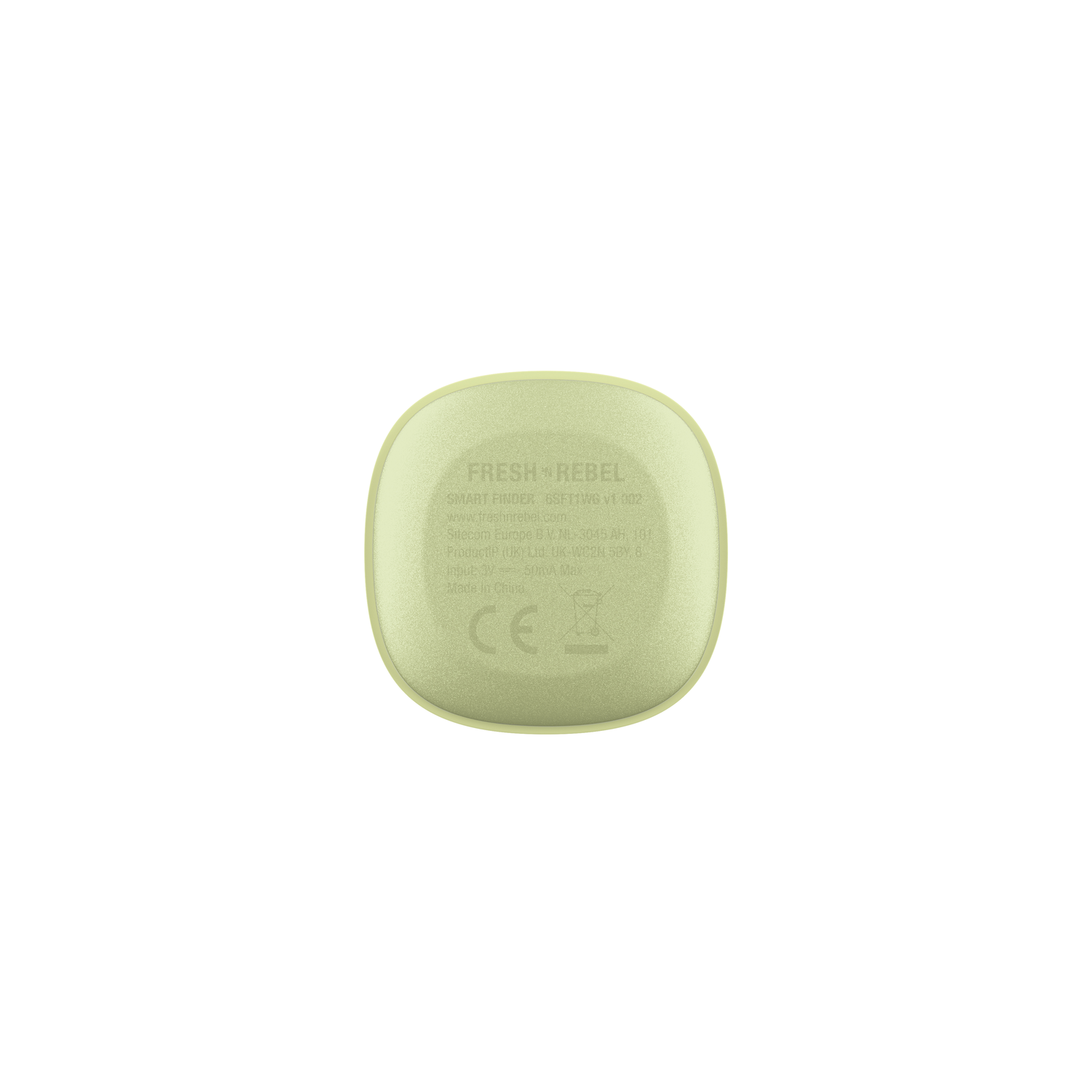 Een kleine, lichtgroene Fresh 'n Rebel smart finder, van onderaf gezien.