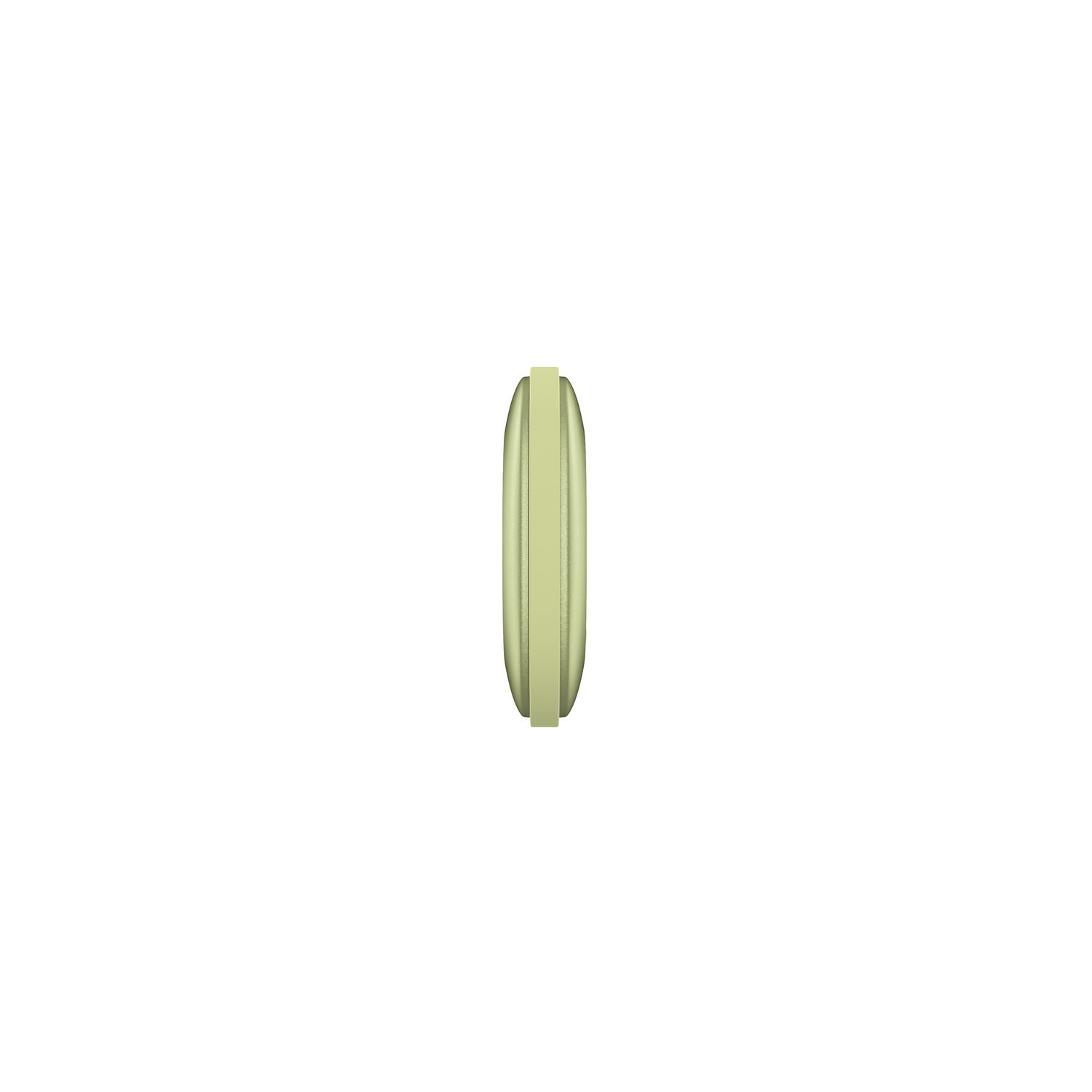 Een olijfgroene telefoon, zijaanzicht. Geen knoppen zichtbaar. Witte achtergrond.