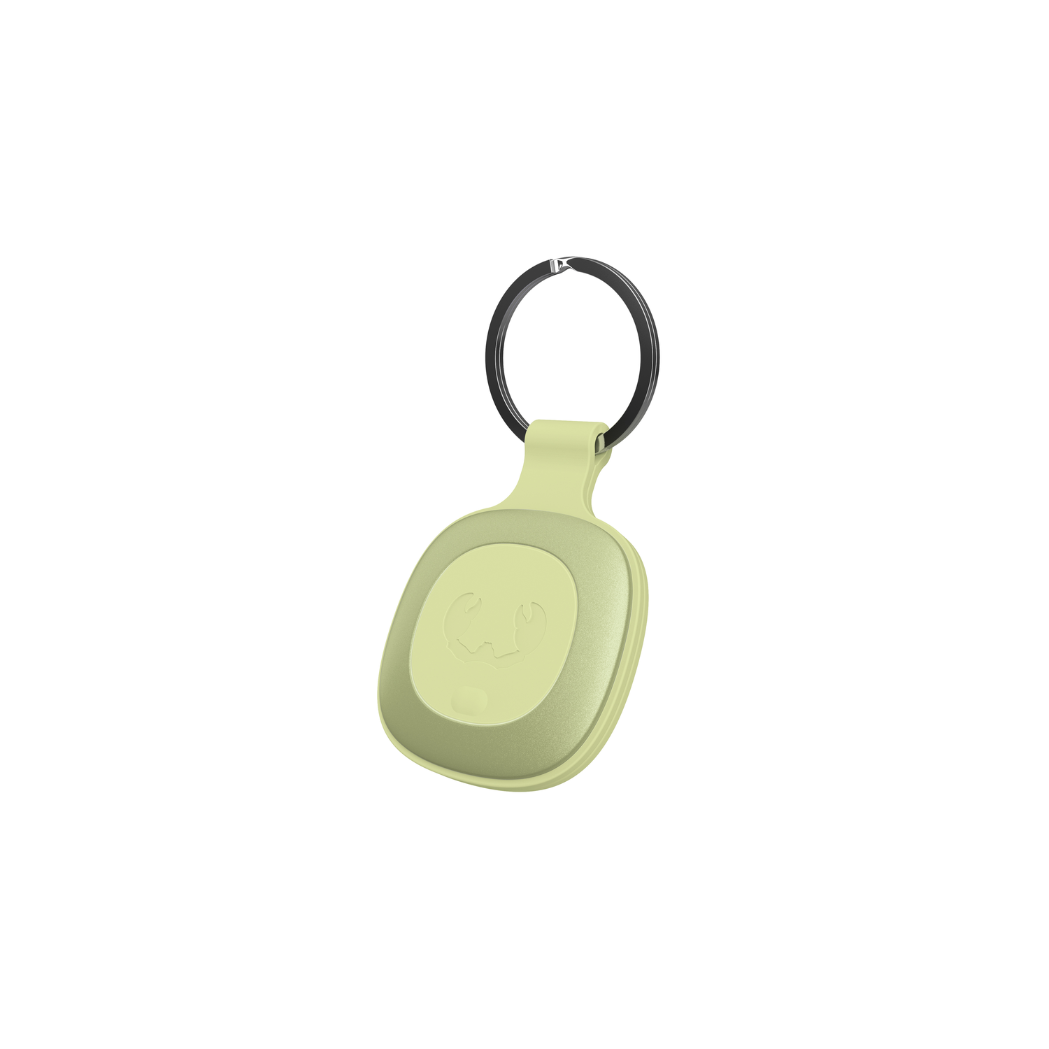 Een sleutelhanger met een lichtgroene tracker. Hij heeft een zwarte ring.