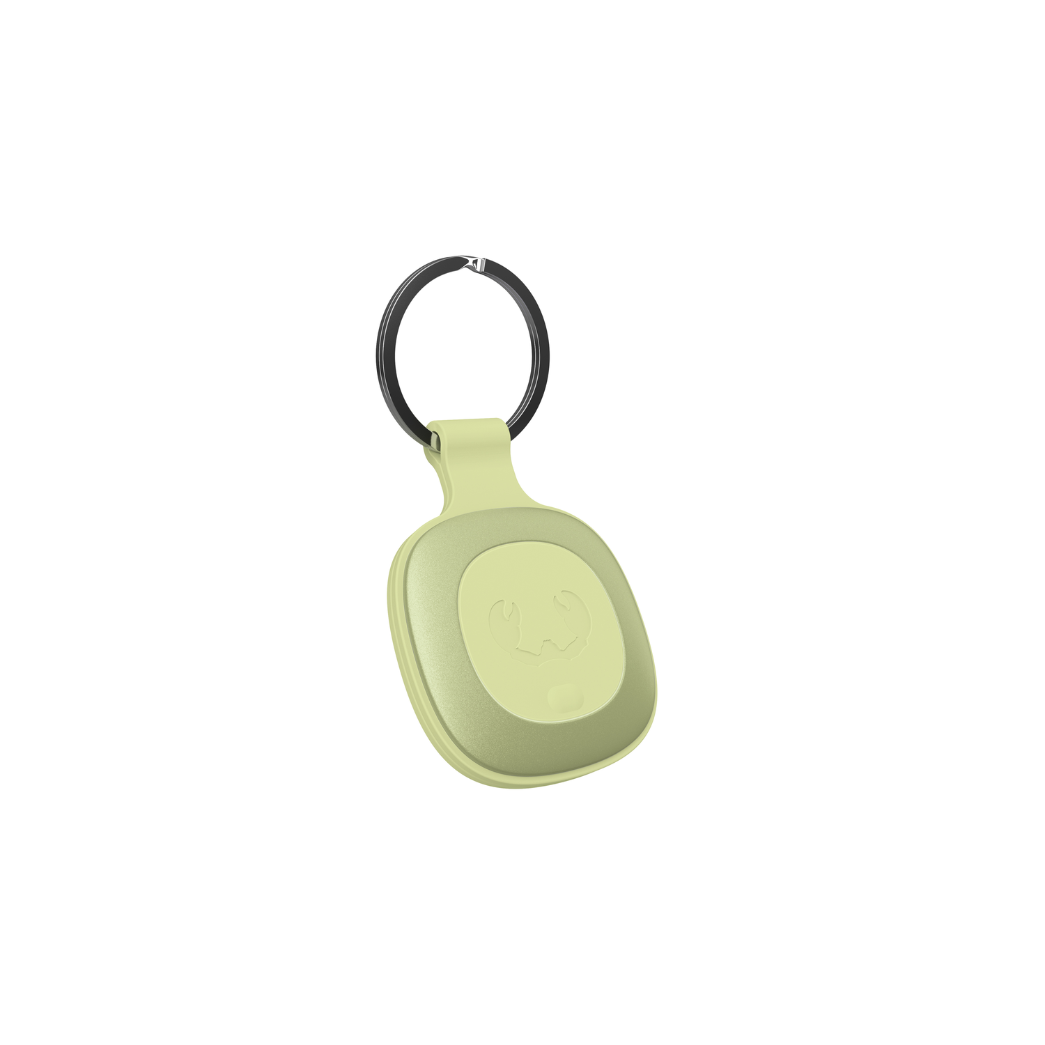 Een kleine, groene sleutelzoeker met een zwarte ring. Het heeft een knop en een logo.