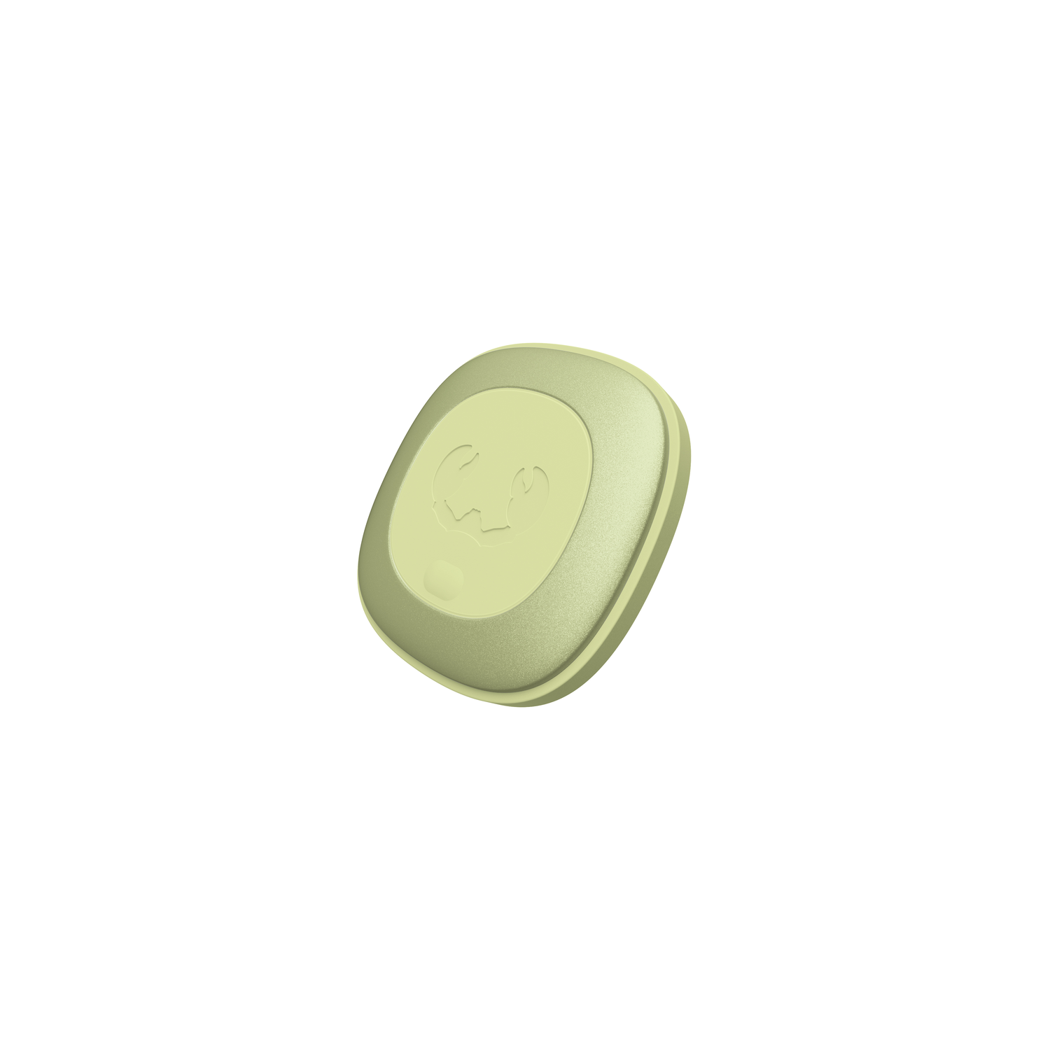 Olijfgroen tracker-apparaat. Afgeronde vierkante vorm met centraal logo en zilveren rand.