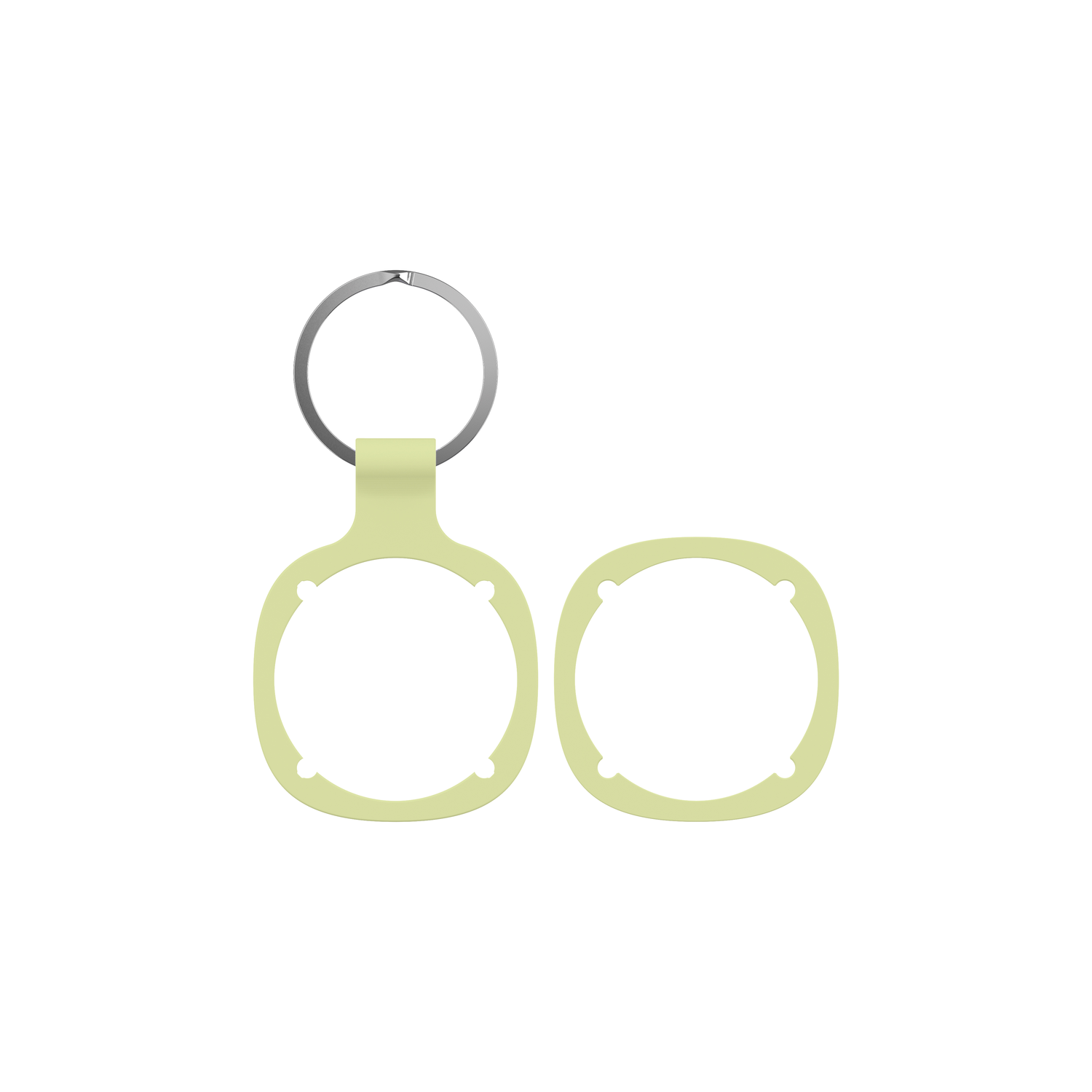 Twee lichtgroene AirTag-houders, een met een sleutelhanger, op een witte achtergrond.