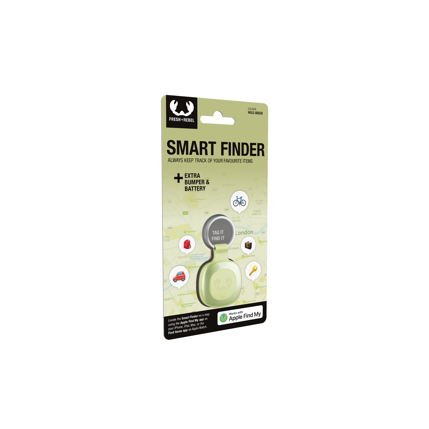 Een groene Smart Finder verpakking. Het heeft een kaartafbeelding en het Apple Find My logo.