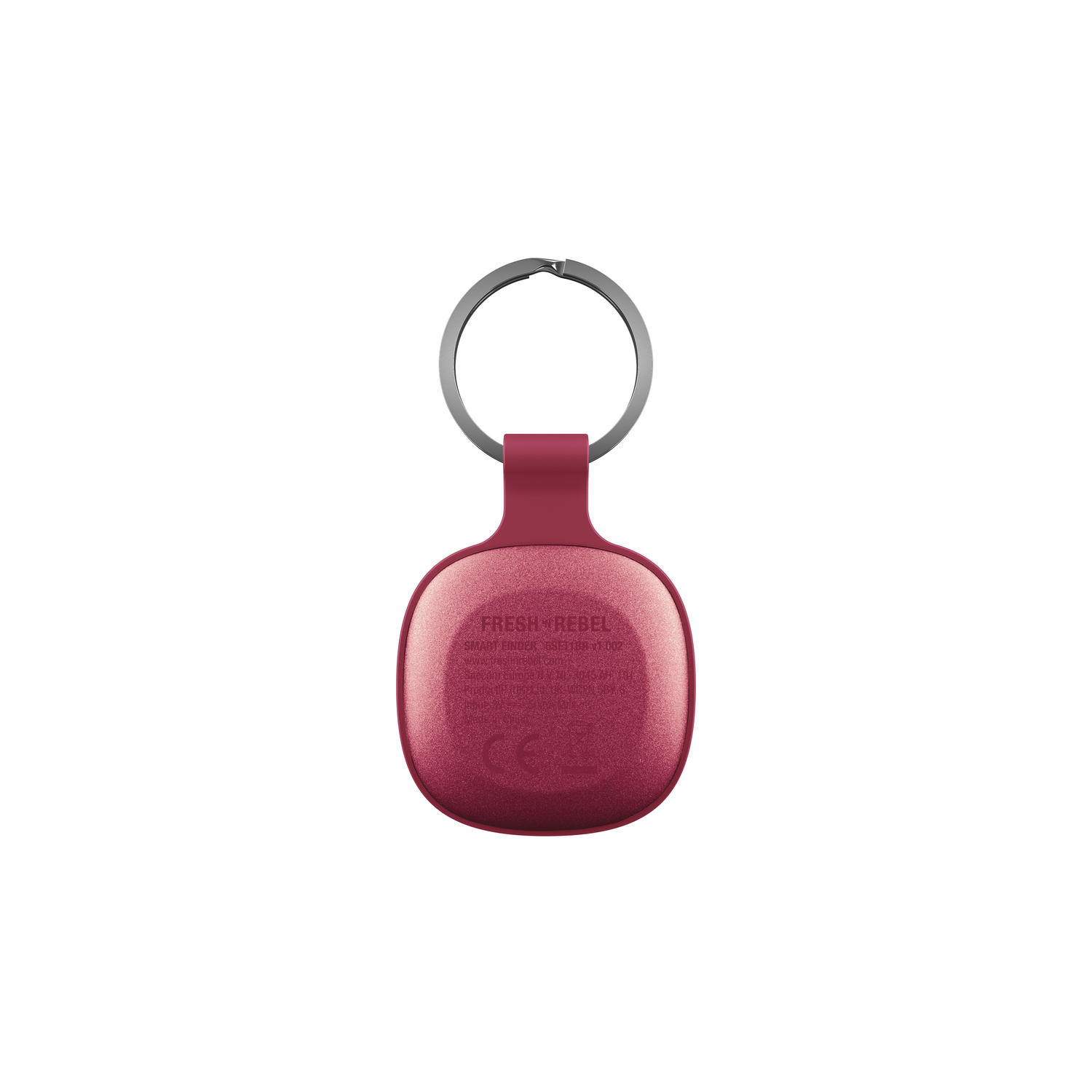 Fresh 'n Rebel red keychain. Back shows brand and model info. Silver ring.