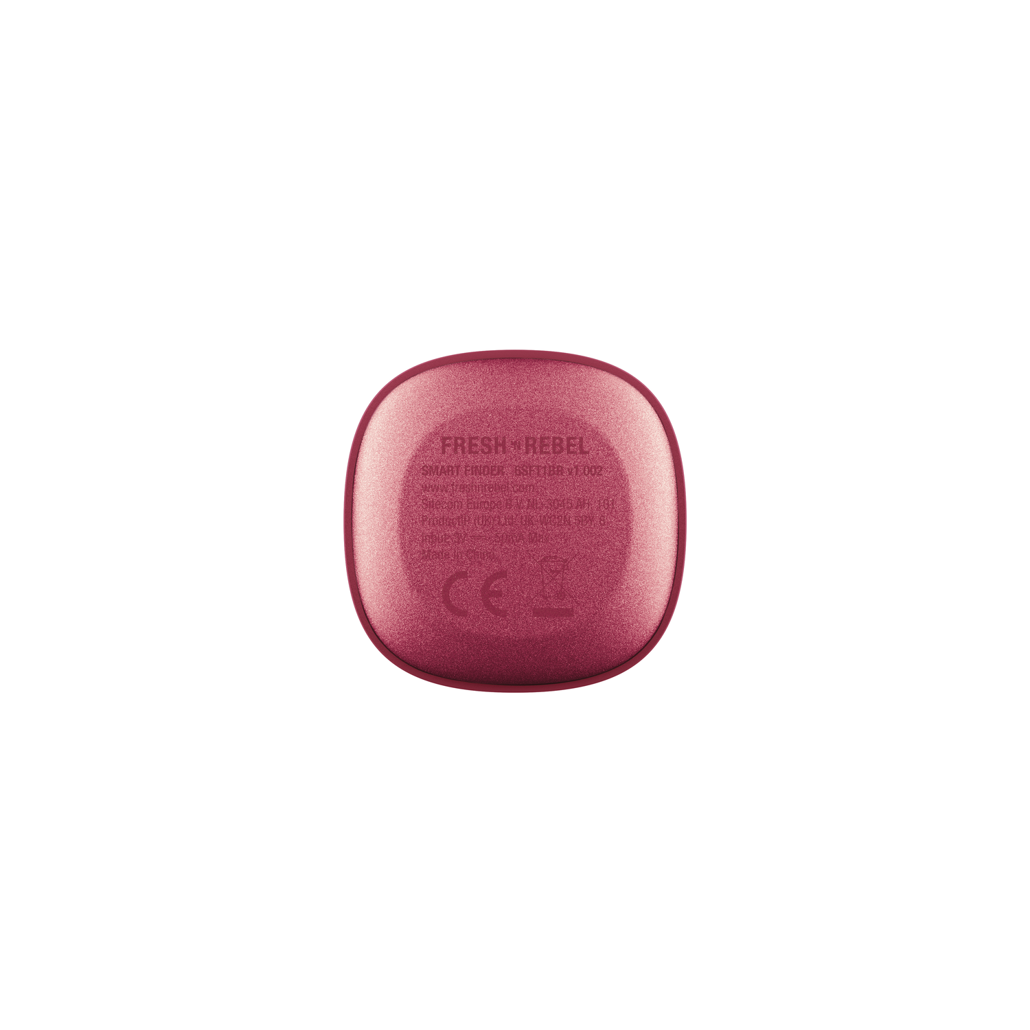 The bottom of a red earbud case with text: Fresh Rebel, model, and CE mark.