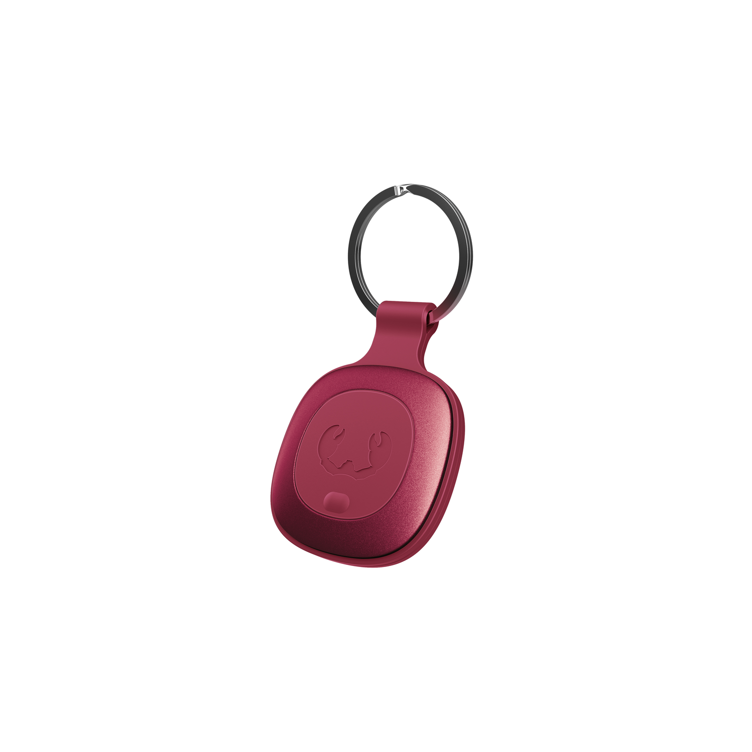 A maroon keychain with a circular key ring. The key chain has a design of two overlapping curves.