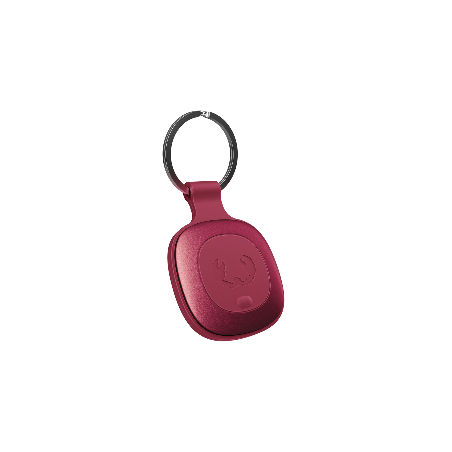 Burgundy key fob on a white surface. It has a logo.