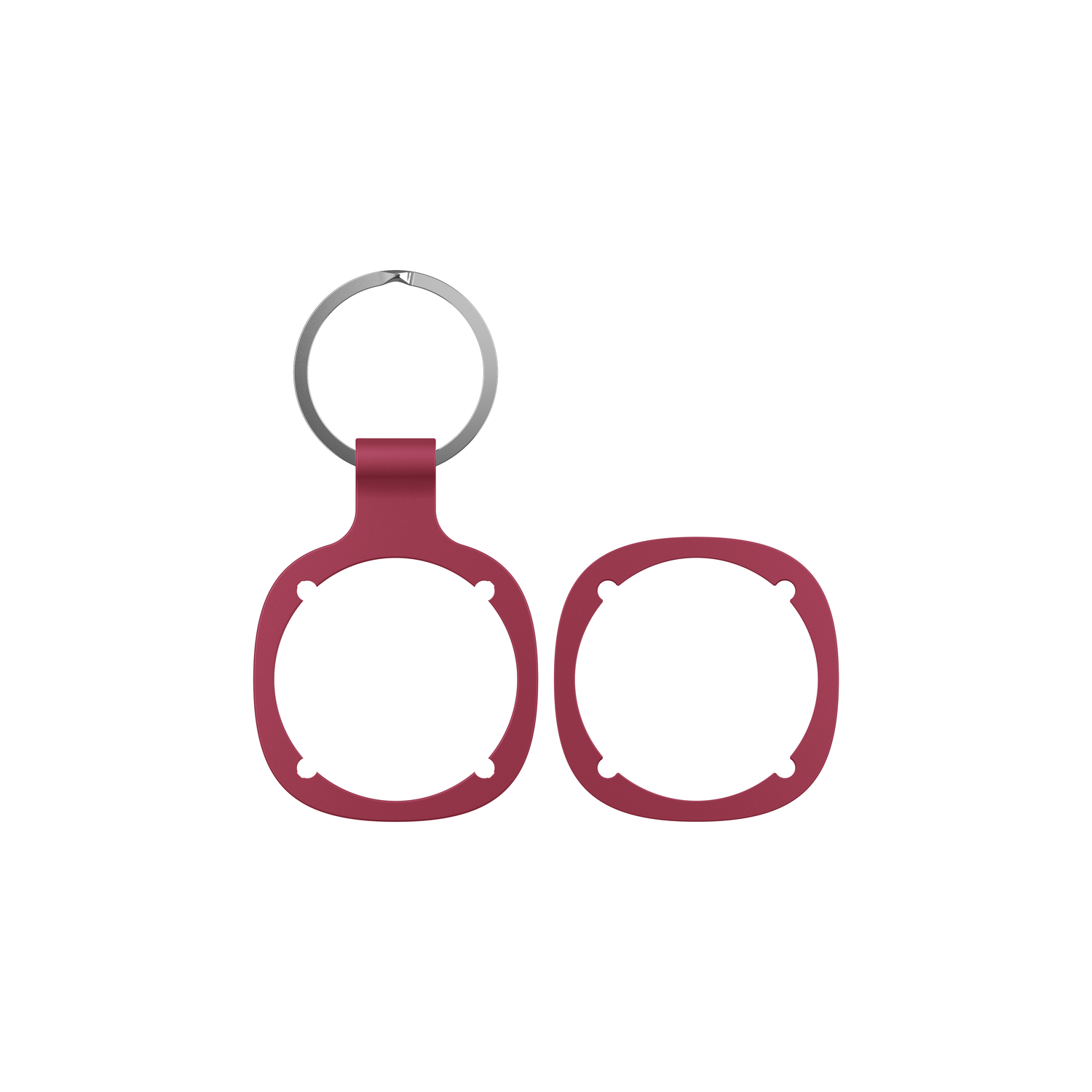 A maroon key ring with two maroon circular tags.