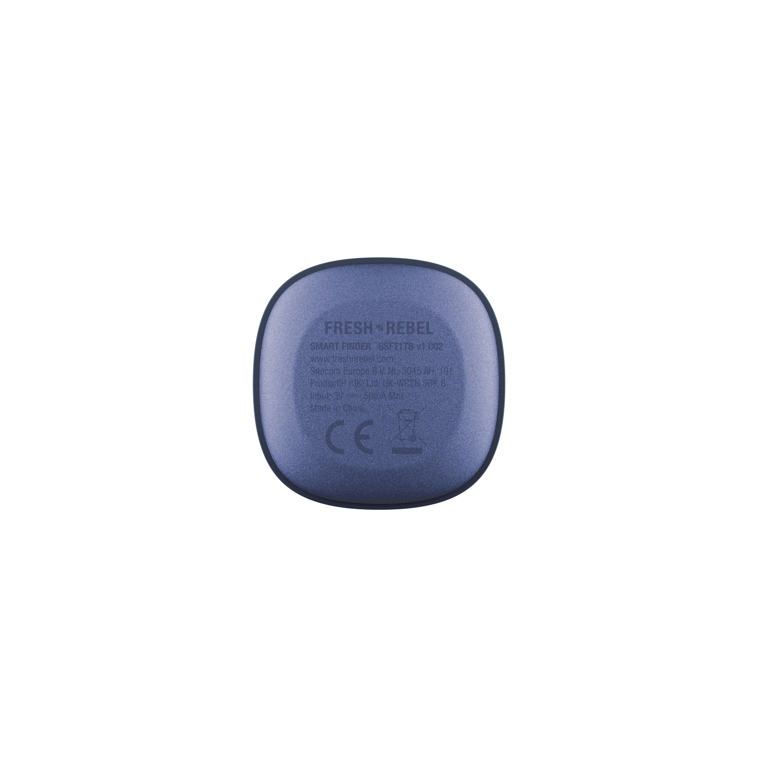 Een blauwe Fresh Rebel Smart Finder. Tekst op de achterkant: Fresh Rebel, Smart Finder v1.032 en andere technische details.